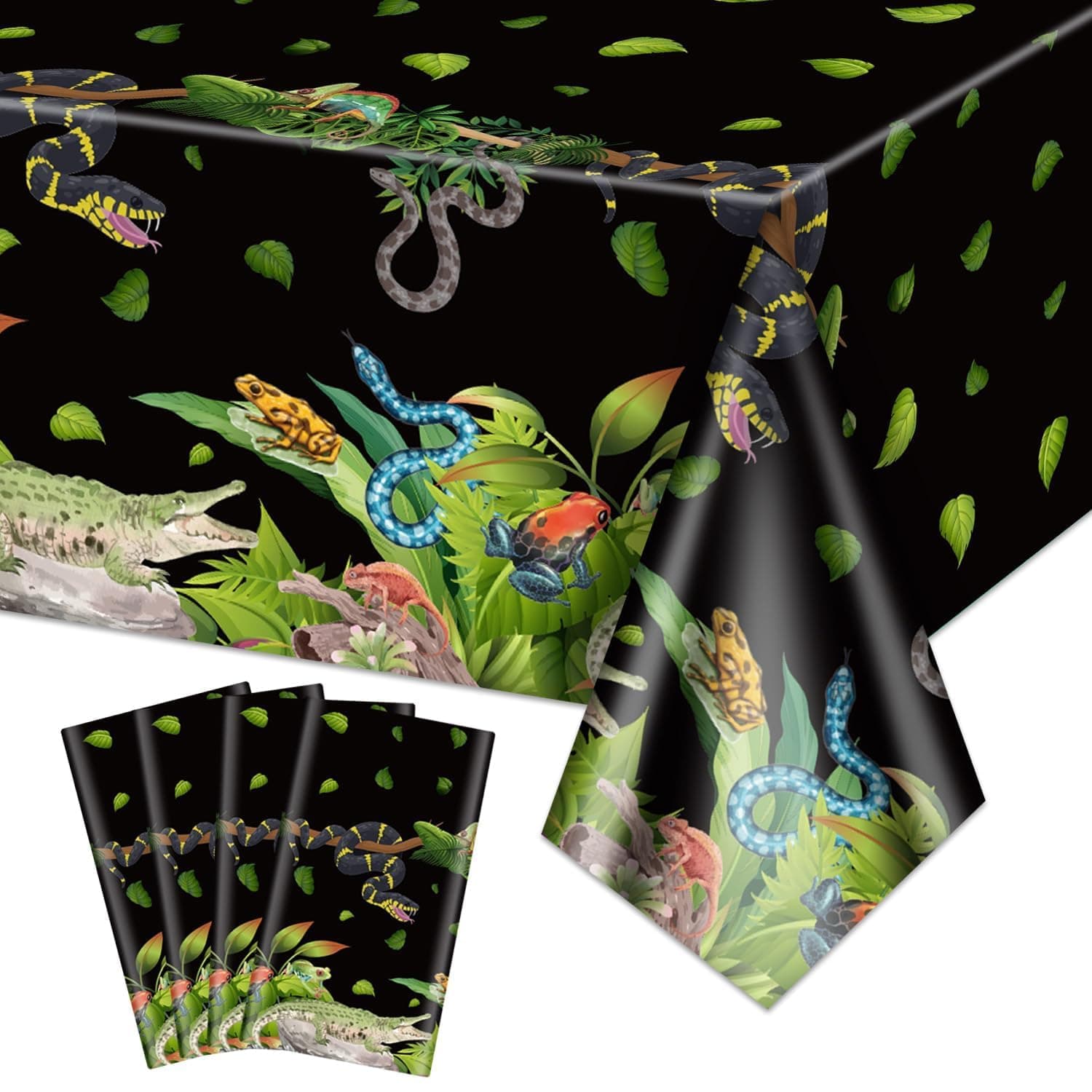 4Pcs Reptile Tablecloths - Rectangular Green Wilderness Table Decoration for Kids Safari Lizard Swamp Snake Jungle Reptile Birthday Party Supplies, 51 x 86in
