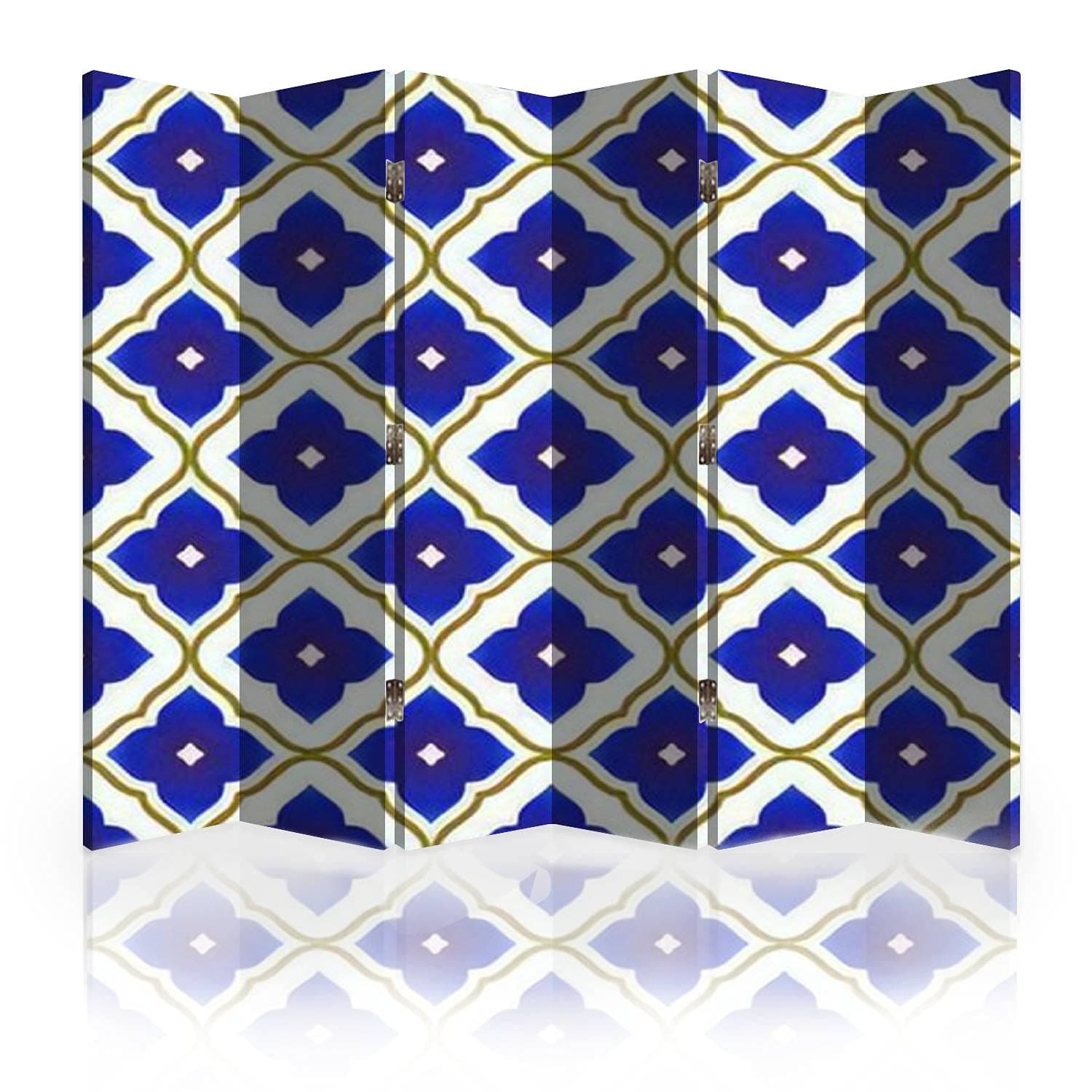 Canvas Room Divider Screen Ceramic Thai Pattern benjarong Style Seamless Porcelain Blue and Gold Room Separator Folding Screen Privacy Partition Wall Dividers for Rooms 6 Panels