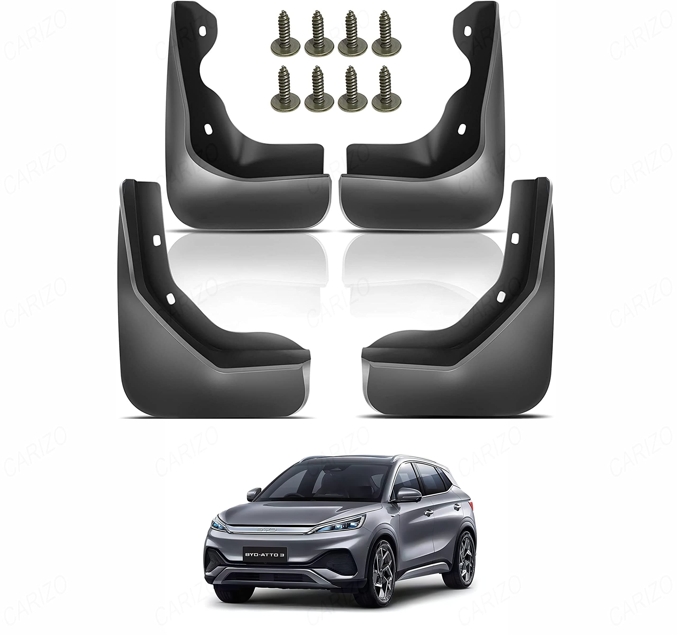 CARIZO Car Heavy Duty Cup Type Splash Mud Guards | OE Type Front and Rear Mud Flaps | Pack of 4 | Compatible with BYD ATTO 3 (2023-25)