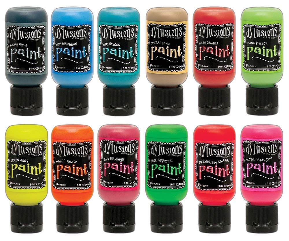 Dylusions Paints Bundle - Flip Cap Art Journal Ready Waterproof Blendable with Bonus PTP Blending Sticks! (12 Tropical)