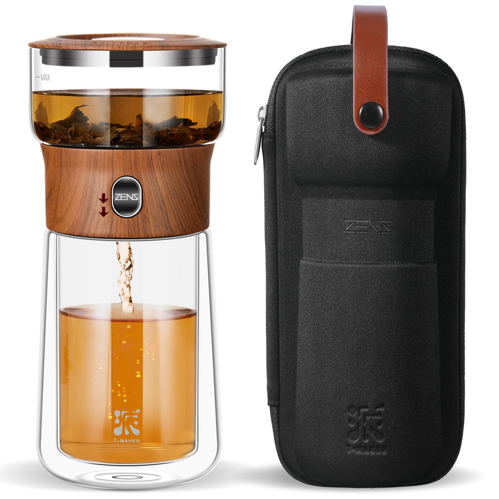 ZENS Modern Solo Tea Infuser Teapot, Smart One Touch Drip Tea Pot for Loose Tea Diffusers, Small Glass Gongfu Magical Teapot with 270ml Insulated Cup and Portable Tea Kits for Tea Lovers Gifts