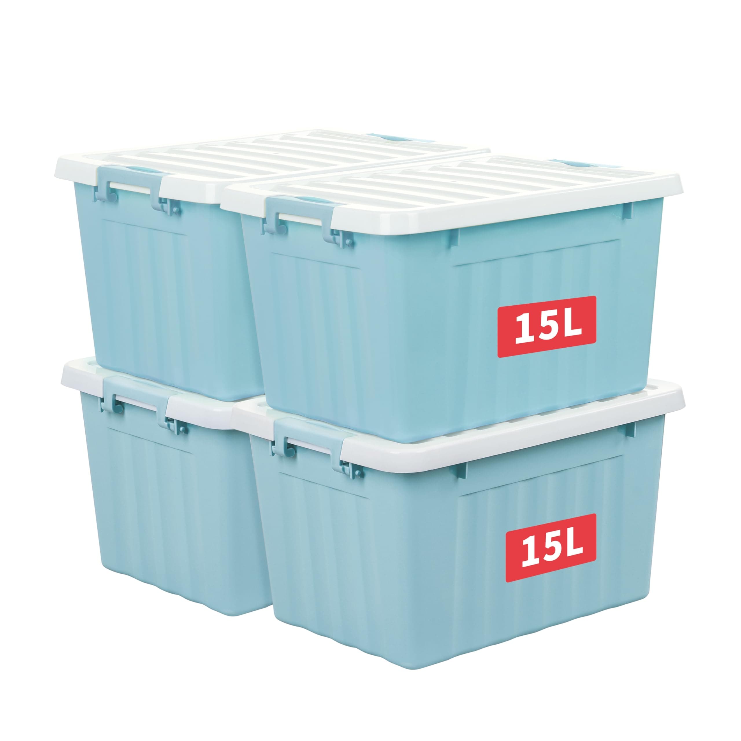 Cetomo 15L*4 Storage Boxes with Lids, Plastic Storage Box with Secure Side Latches, Stackable & Nestable Organizer for Home, Office, Moving, PP, Blue, 15L-4 Pack
