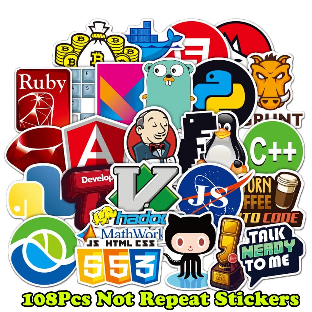 Laptop Stickers for Developer (108PCS)- Programming Stickers of Front-end dev,Back-end Languages Stickers for Software Developers, Engineers, Hackers, Programmers, Geeks, and Coders
