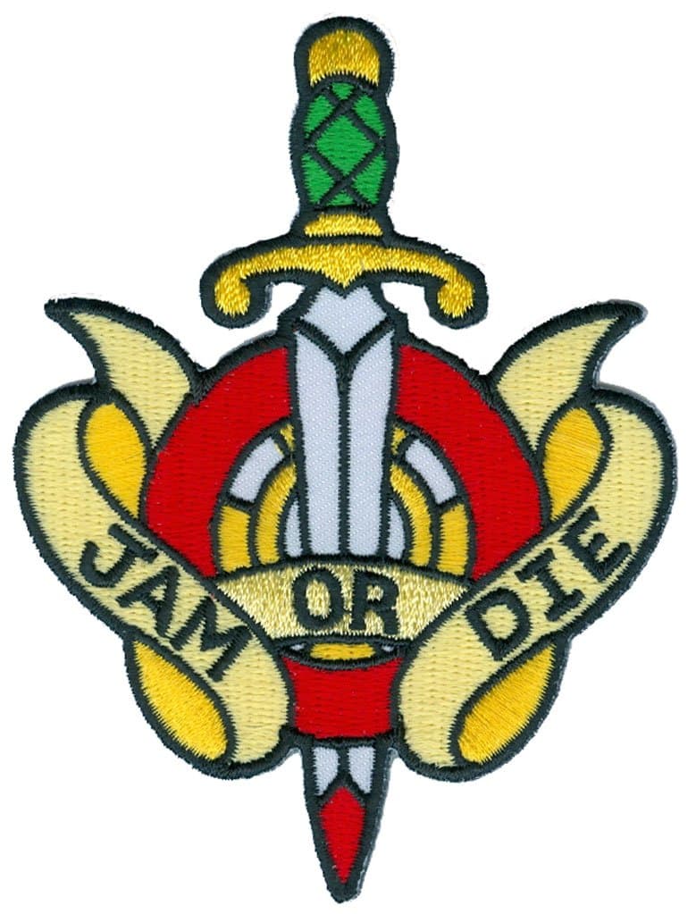 Novelty Tattoo Iron On Patch - Jam Or Die Roller Derby Crest w/Dagger Sword Applique