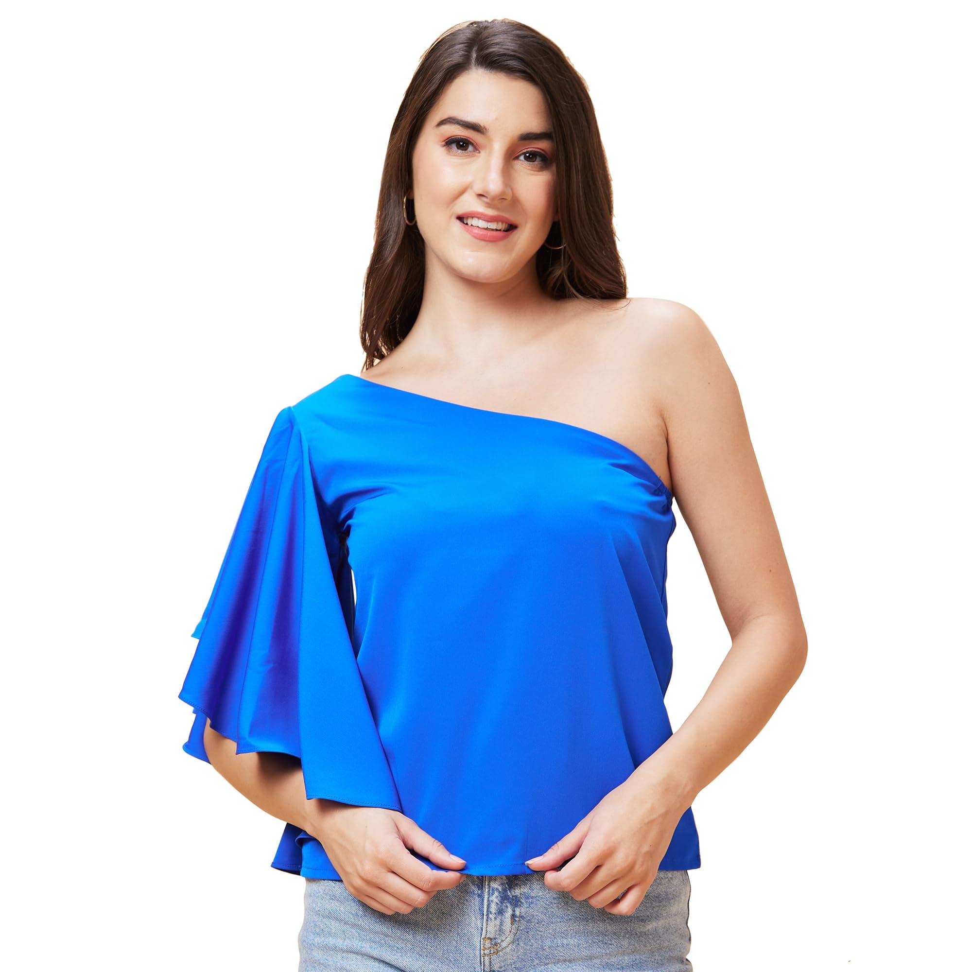 Globus Women Blue Solid One Shoulder Party Top