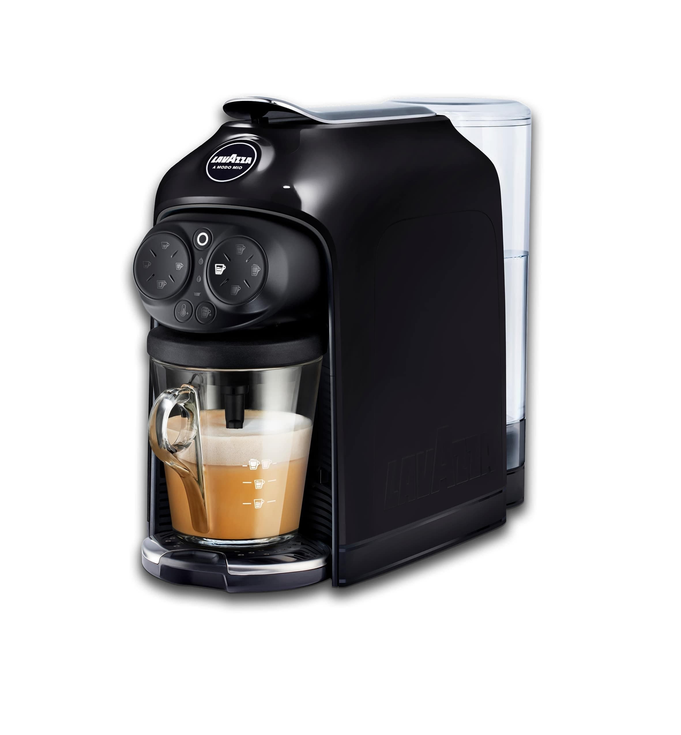 A Modo Mio Deséa Coffee Capsule Machine, with a Refined Glass Mug, Touch Interface, Sound Alerts, Automatic Shut-Off and Adjustable Grid, Dishwasher-Safe Components, 1500W, 220-240V, Black