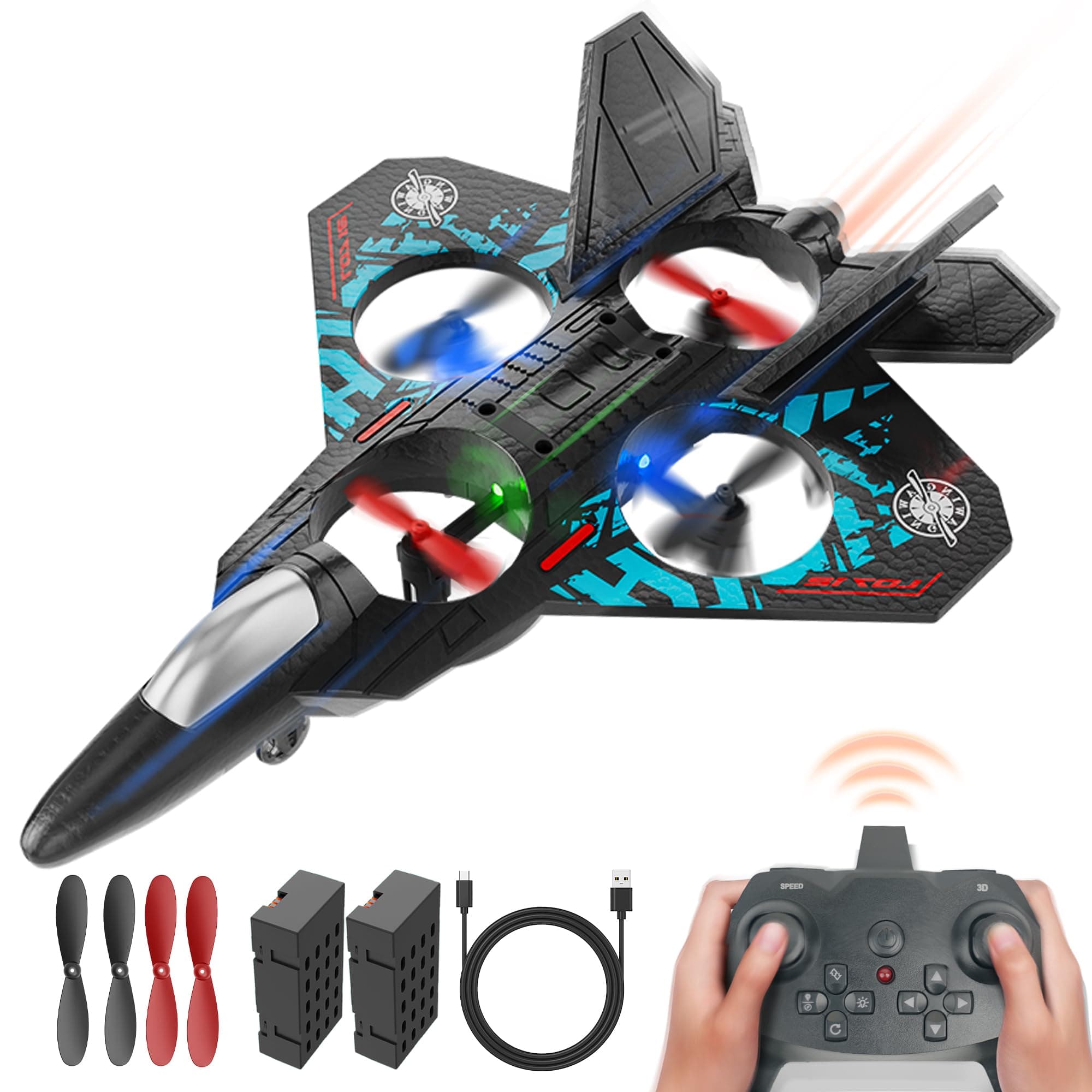 BEZGAR Drones for Kids | 2.4GHZ RC Plane, Remote Control Airplane, RC Helicopter, 360° Flip Fighter Jet Toy with Colorful LED Navigation Light Blue