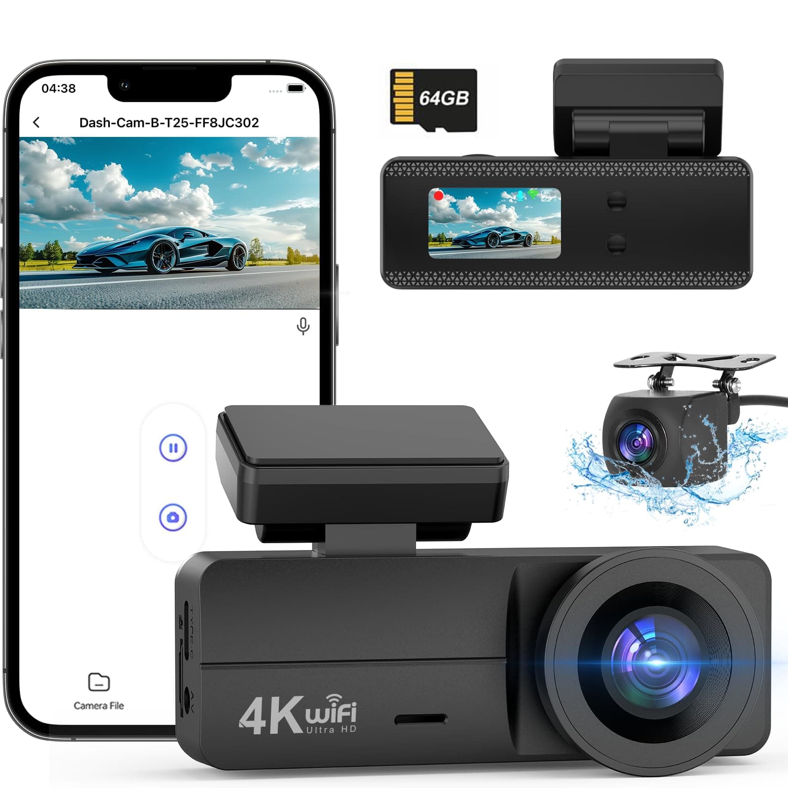 – Dash Cam Front and Rear 4K+1080P, Dash Cam Inserted 64GB SD Card, Built-in WiFi Dash Camera for Cars, Super Night Vision Dashcam, 24H Parking Mode, G-Sensor, Loop Recording Car Camera