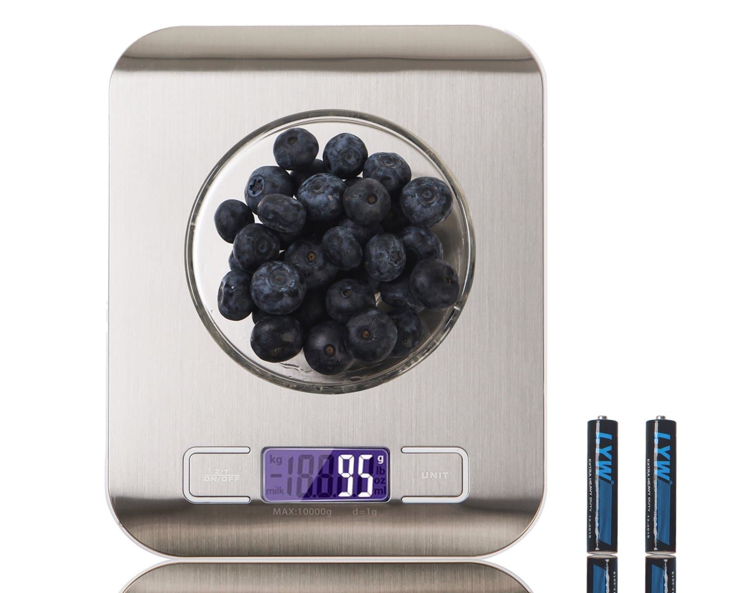 Multifunction Digital Food Scale,Max-range 22lb/10kg and Display Accuracy 0.002lb/1g,LCD Large Display,Silver,Stainless Steel(Batteries Included)