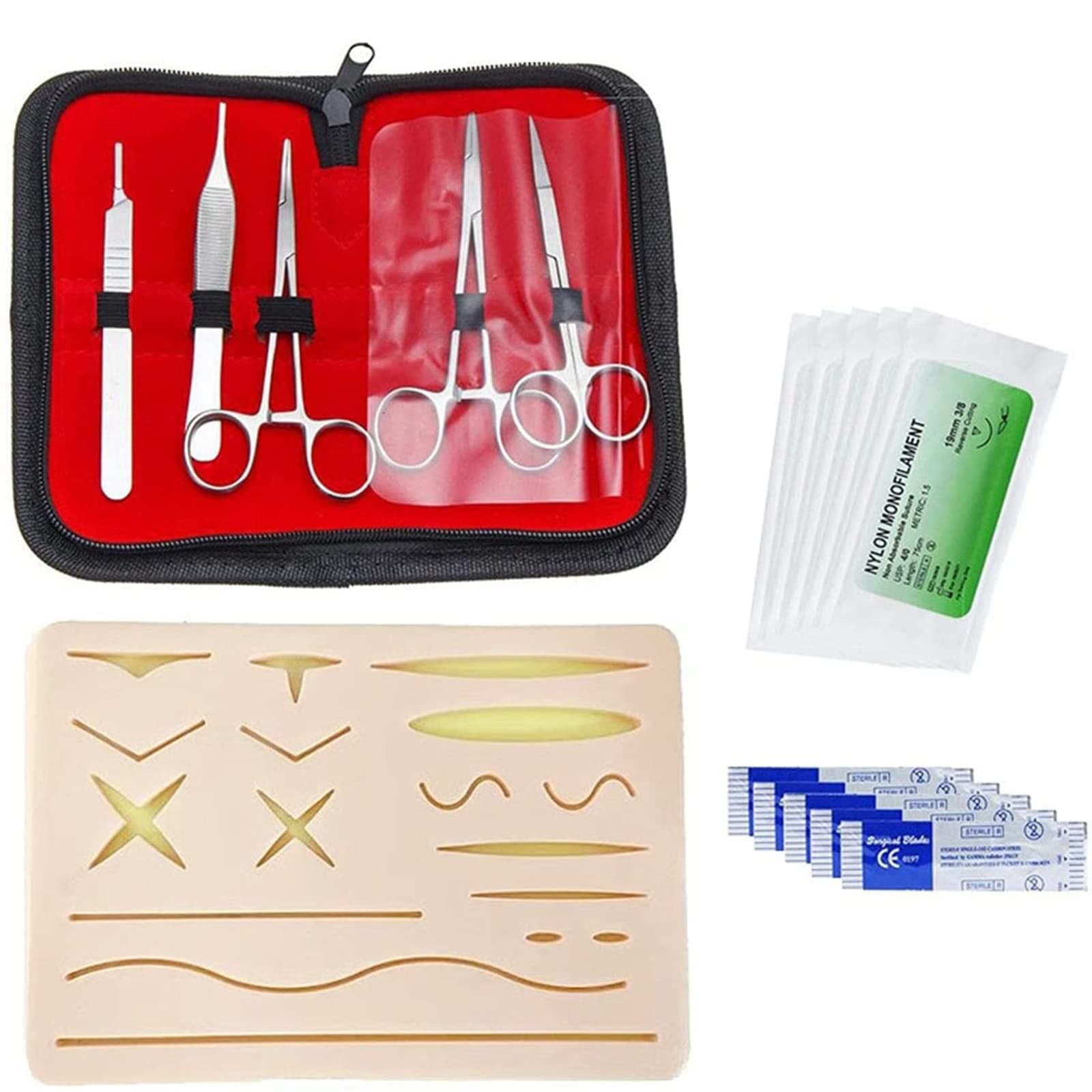 SUMBITOD 17 Piece Suture Practice Kit, Suture Practice Pad with Precut Wounds and Suture Tool Kit, Multi-Wound Skin Silicone Suture Exercise Module, for Medical Students