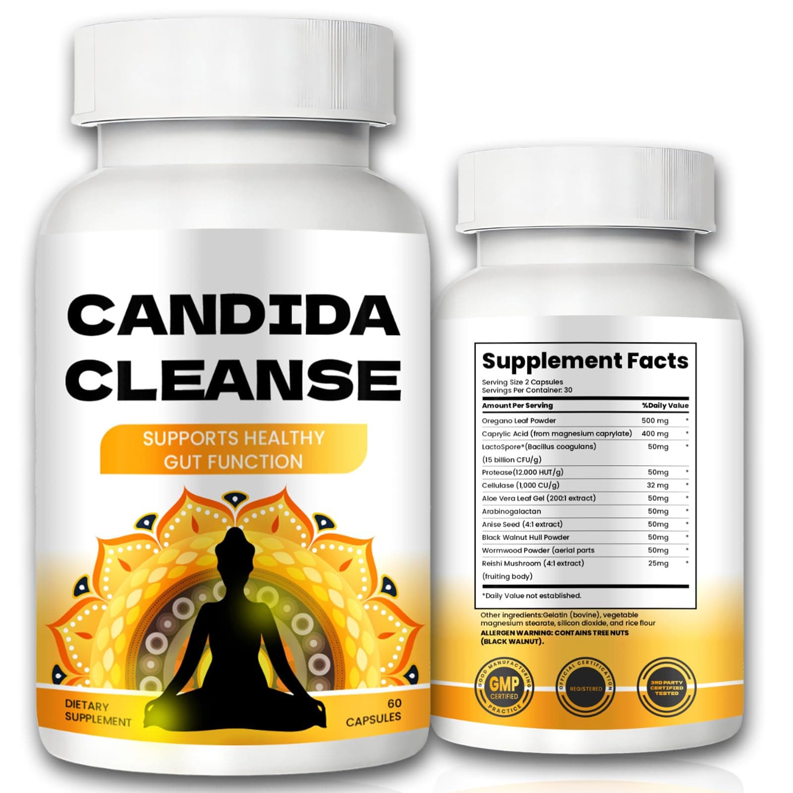 Candida Cleanse - Gut & Colon Support, Advanced Formula - Oregano Leaf, Wormwood, Black Walnut, Caprylic Acid
