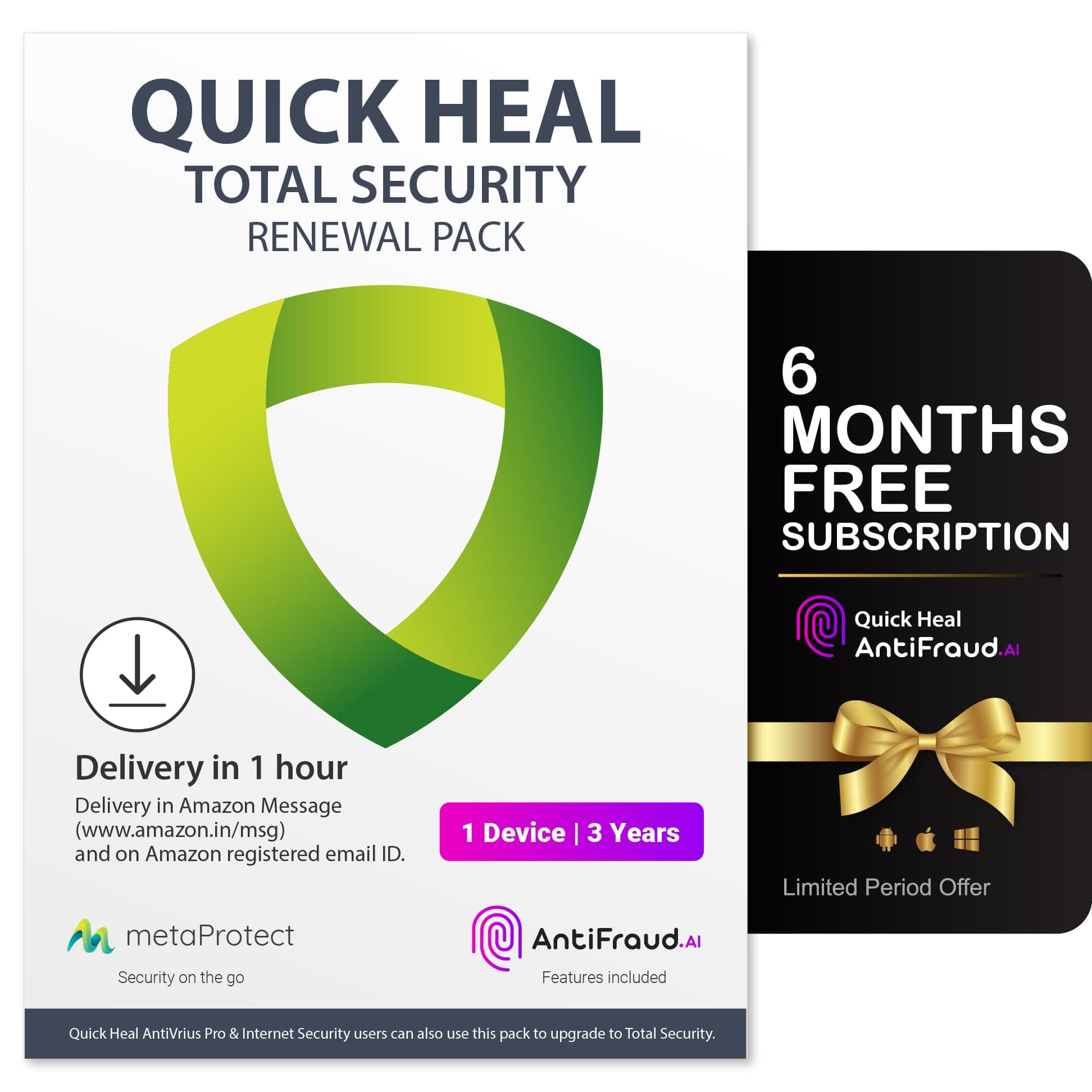 Quick Heal Total Security Renewal Gold Pack | 1 User, 3 Year | Existing 1 User Quick Heal Subscription Required | Email Delivery in 1hr | + 6 month AntiFraud.AI for IOS/Android
