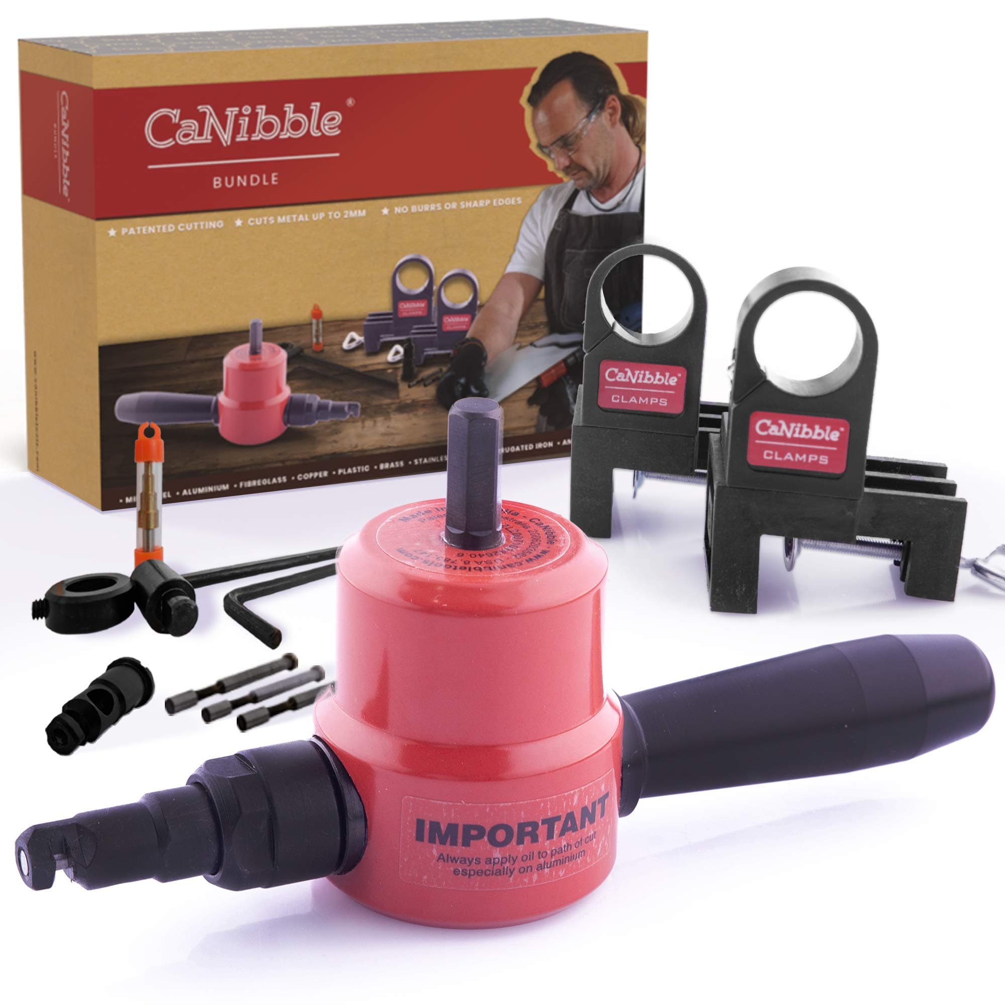 CaNibble Bundle - Nibbler, 2 Bench Mounting Clamps, 3 Punches, 1 Die & Free Circle Cutting Attachment. Australian Made