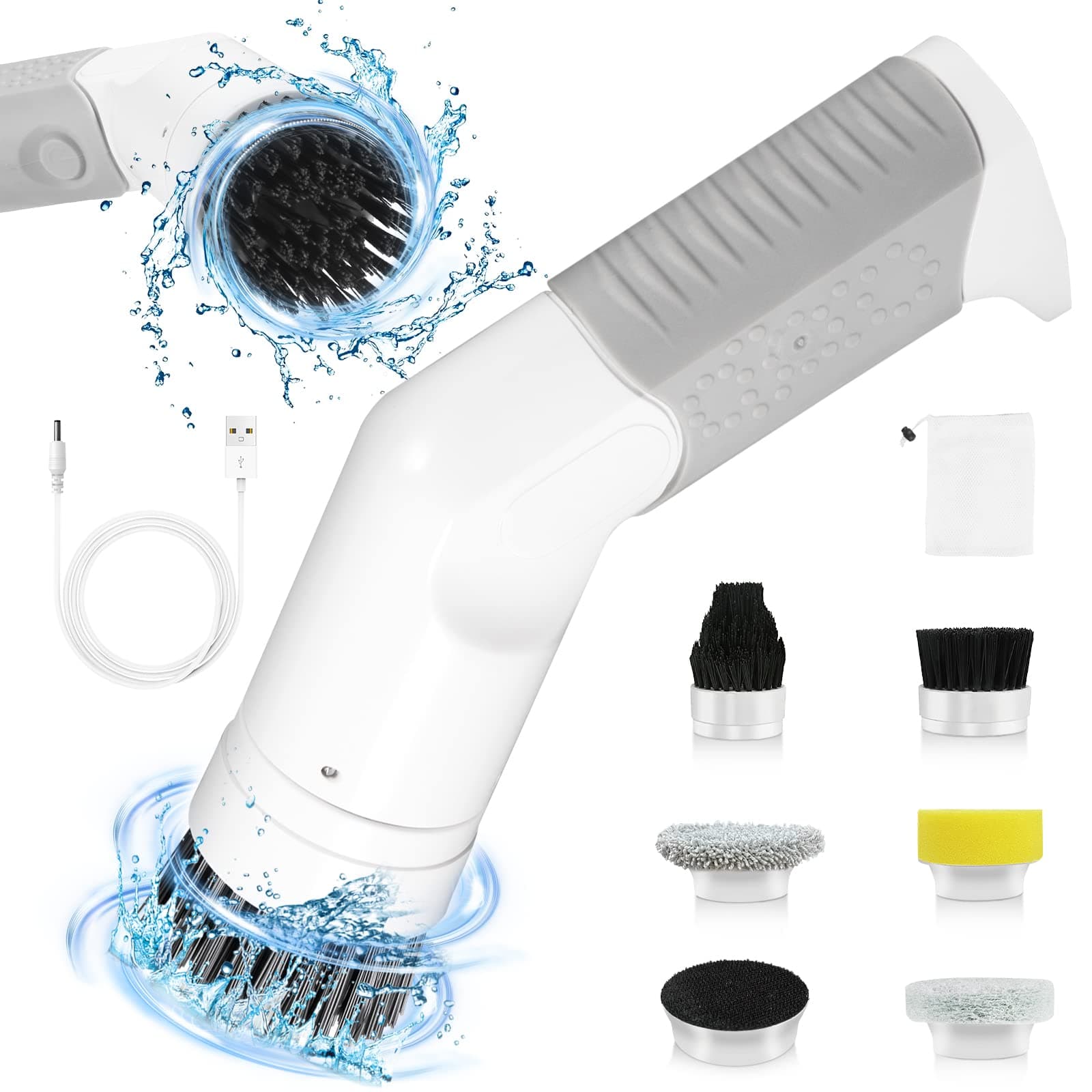 Electric Spin Scrubber, Cordless Cleaning Brush with 5 Replaceable Brush Heads IPX7 Waterproof Shower Scrubber with Drawstring Pocket, Power Shower Scrubber for Bathroom Tub Tile Floor Dish Shoes