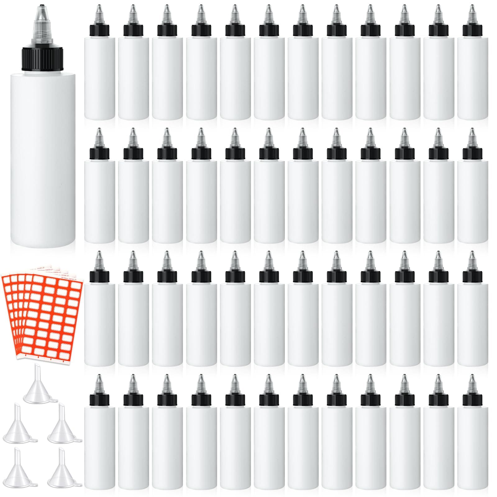 Hsei 100 Pcs 4 oz Plastic Squeeze Condiment Bottles with Twist Top Caps Labels and Funnels Clear Squirt Dispensing Bottles with Top Lids for Oil, Sauce, Ketchup, Mustard, Kitchen, Household, Crafts