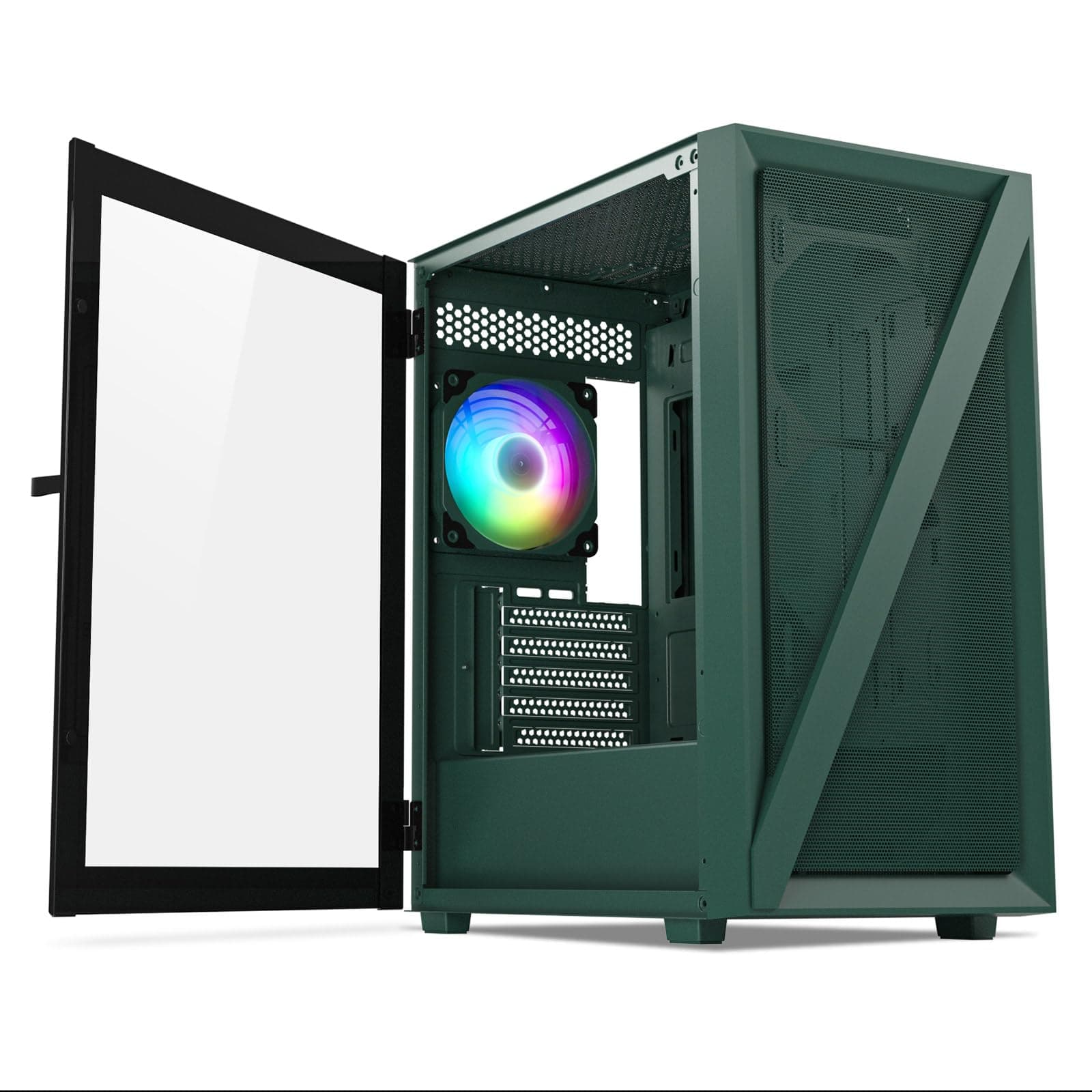 VetrooM05 Micro ATX Computer PC Case with Door Open Tempered Glass Side Panel & Mesh Front Panel, Pre-Installed 120mm ARGB Fan in Rear, Support 240mm Radiator, Type-C Port - Army Green