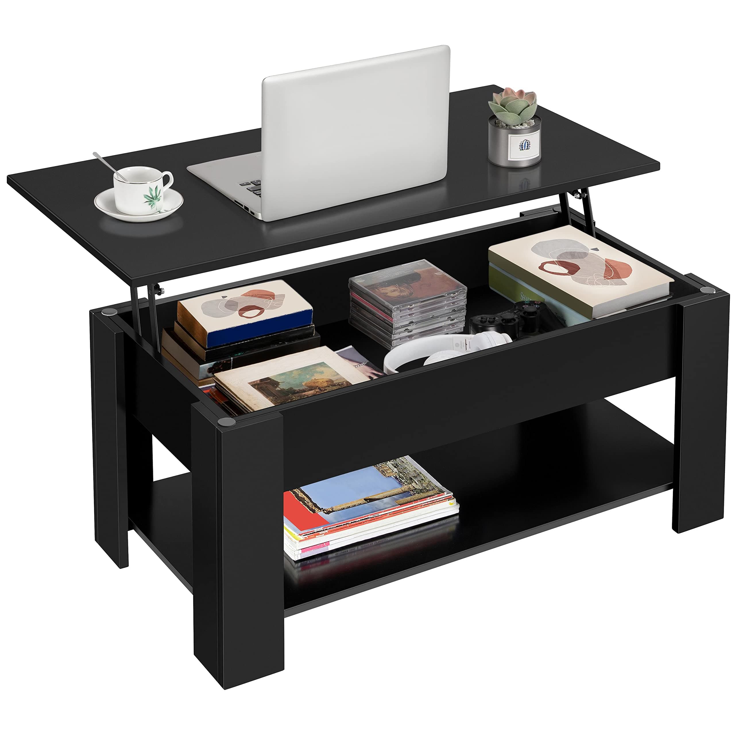 Yaheetech Coffee Table, Lift Top Coffee Table with Storage Compartment & Shelf for Living Room, Wooden Tea Tables with Lift Top, Black