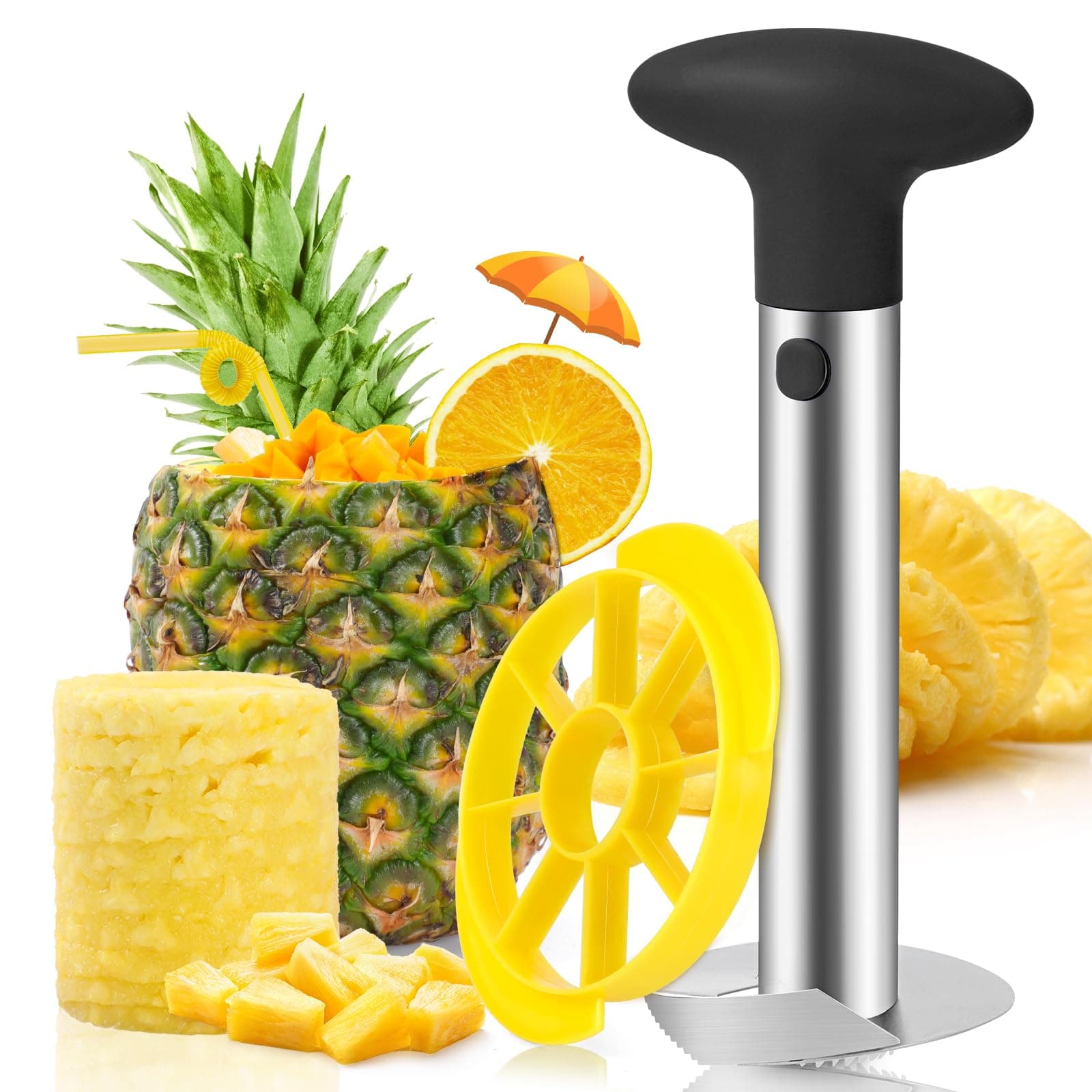 Premium Pineapple Corer and Slicer Tool - Pineapple Cutter with Sharp Serrated Tips - Easy to Use & Clean - Stainless Steel Core Remover for Pineapple - Slice and Core Fruits with Ease(Black)