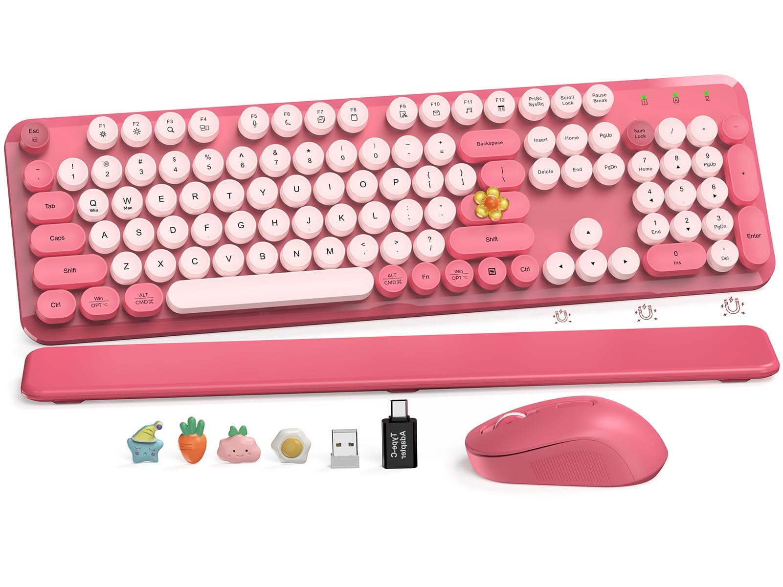 Wireless Keyboard and Mouse Combo, Cute Hot Pink Full-Size Retro Typewriter Keyboard with Round Keycaps, Magnetic Wrist Rest, Tilt Legs, 2.4GHz Cordless for Mac, Windows PC, Laptop, SABLUTE CK23
