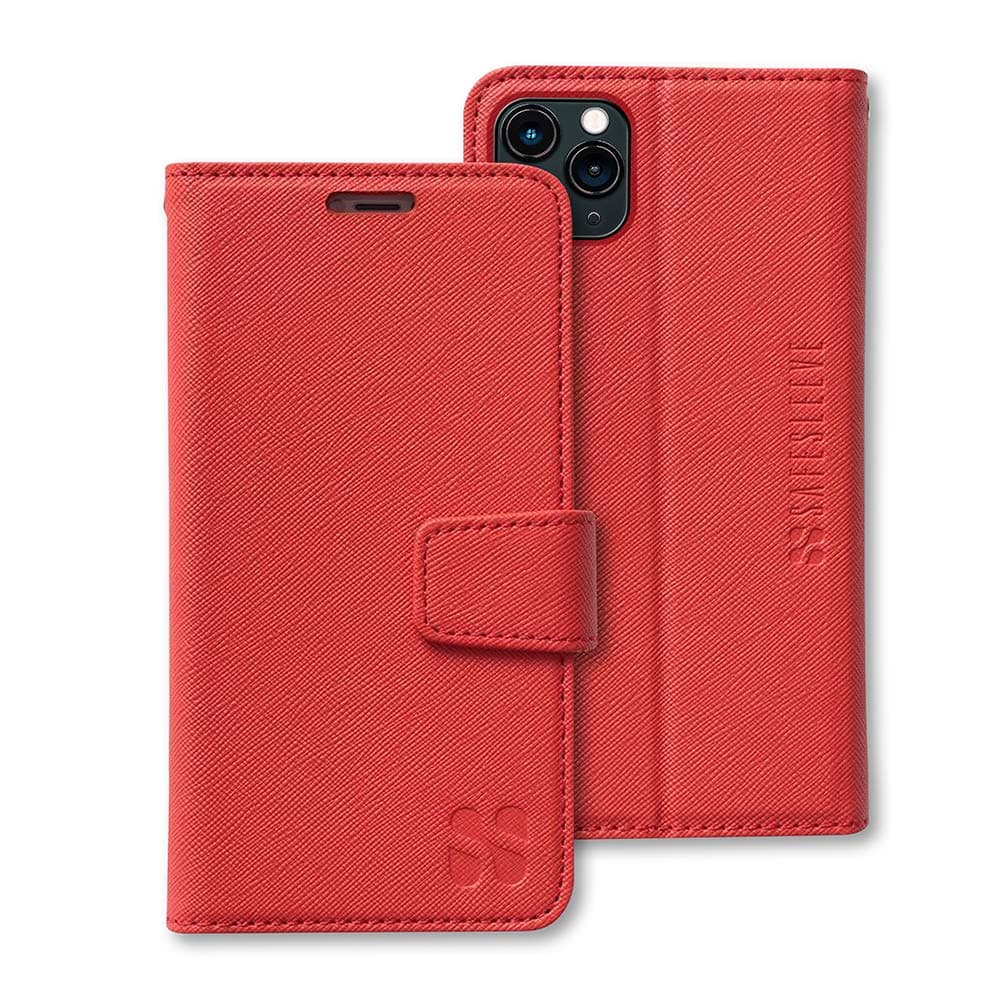 SafeSleeveEMF Protection iPhone Case: iPhone 11 Pro RFID Blocking Card Holder Wallet, Adjustable Stand Case, Vegan Leather for Women & Men (Red)
