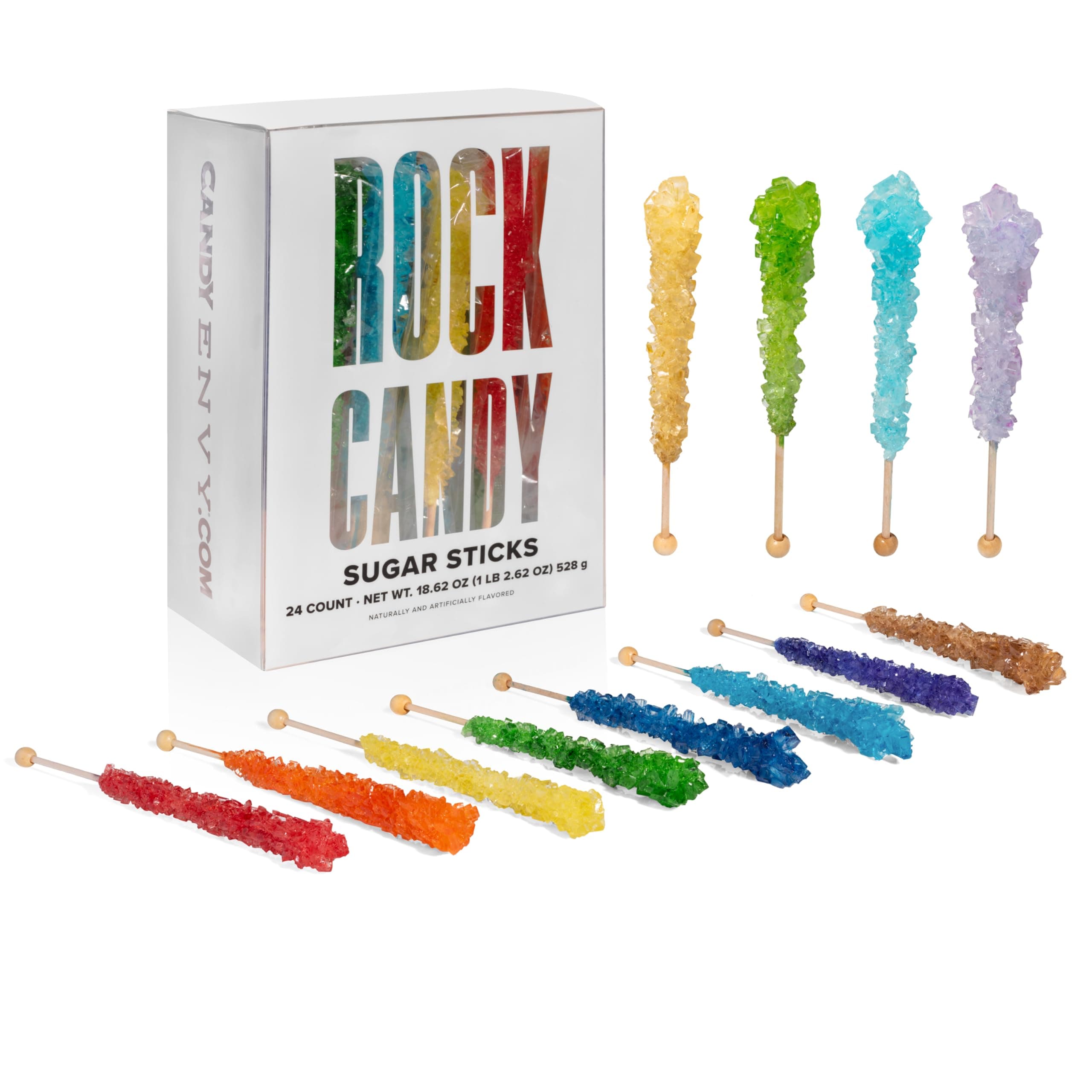 Candy Envy - Assorted Rock Candy Sugar Sticks - 24 Individually Wrapped Treats - Assorted Colors & Flavors