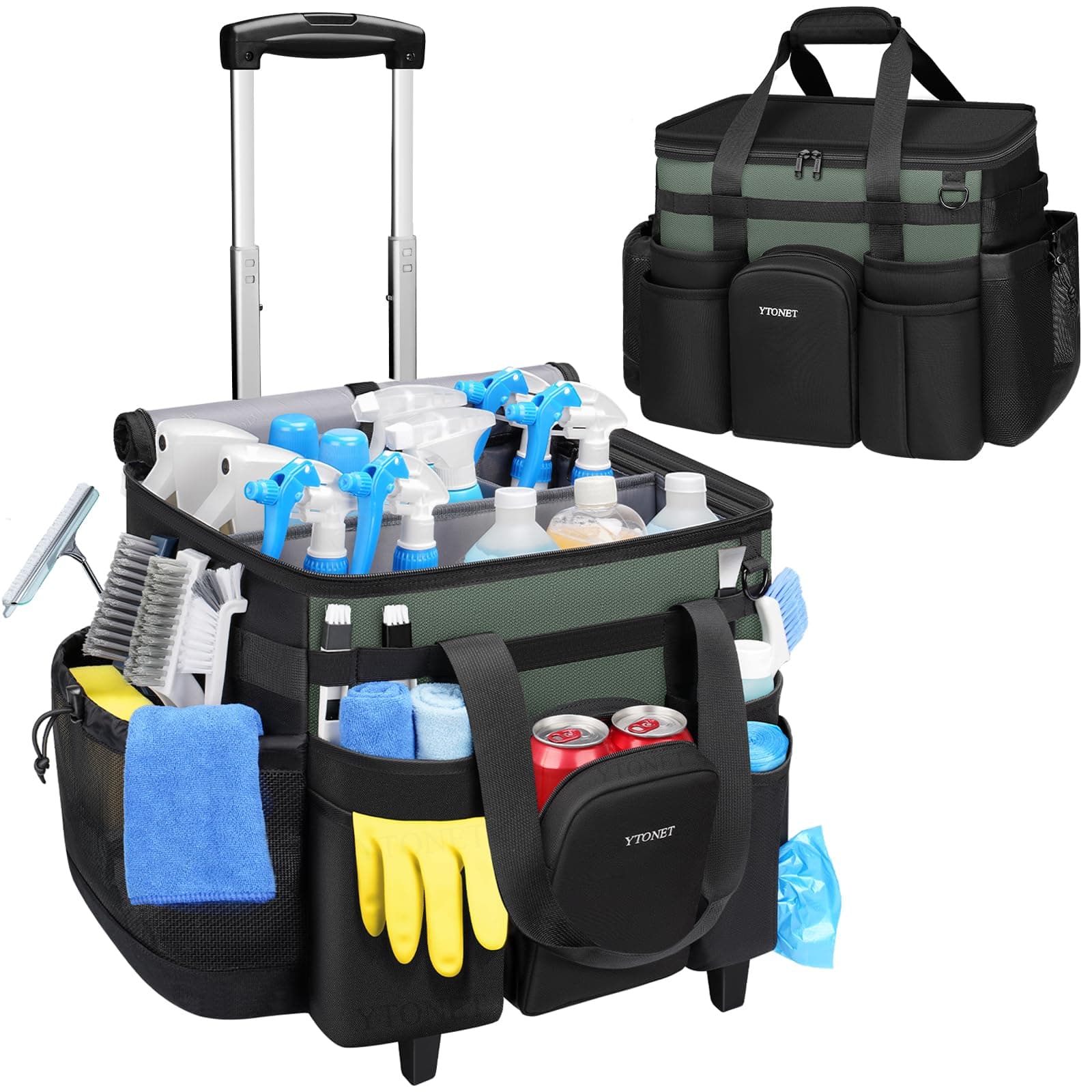 Ytonet Cleaning Caddy with Wheels, Large Rolling Caddy Bag with Detachable Trolley for Housekeepers, Water Resistant Cleaning Cart Supplies Organizer for Home, Car, Tool Organizer, Mobile Storage