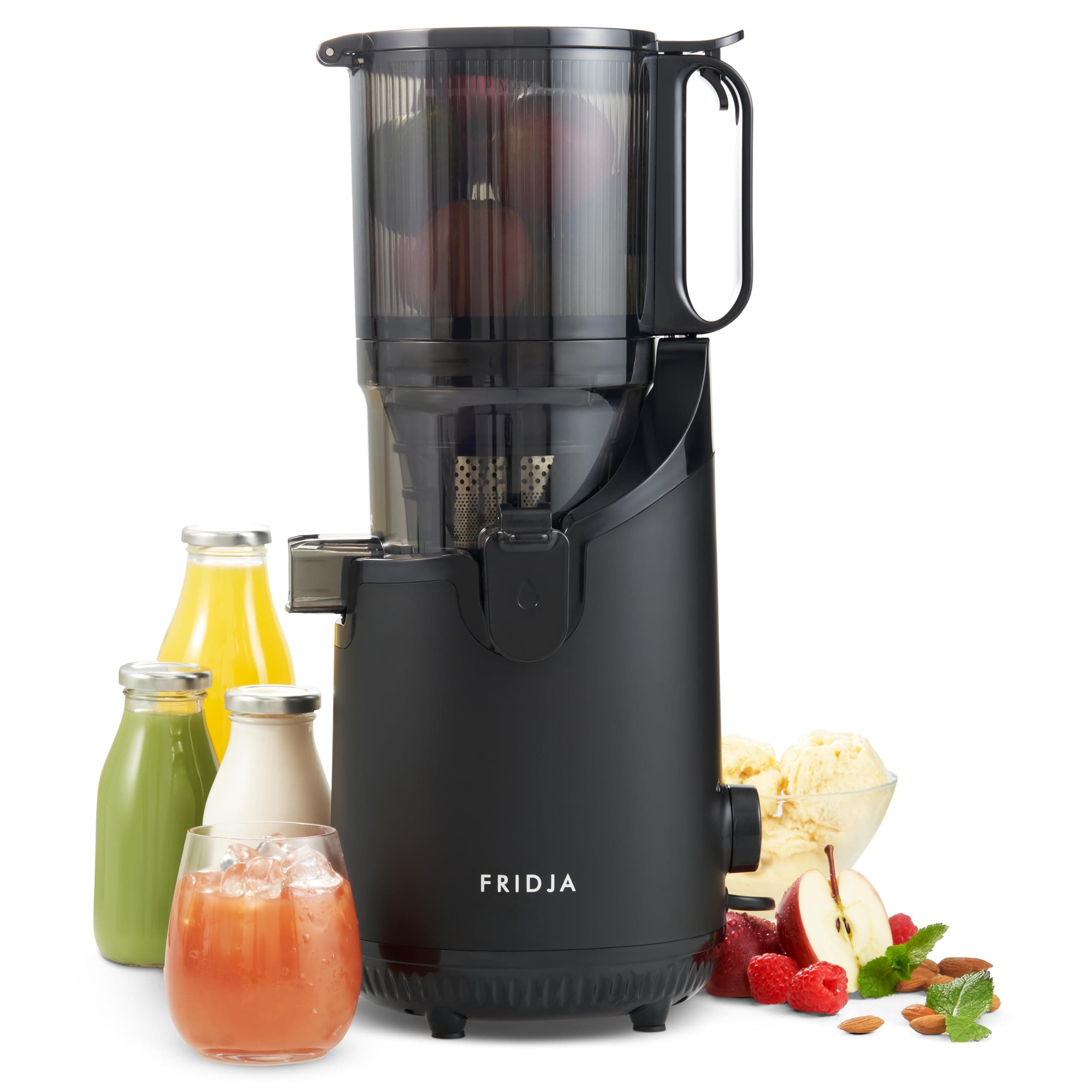 Fridja f2500 Self-Feeding Juicer Machine - Premium Whole Fruit Masticating Slow Juicer - 135mm Feeding Chute, 250W - Cold Press Juice & Nut Milk Extraction - Full-Size - Matte Black [Energy Class A++]