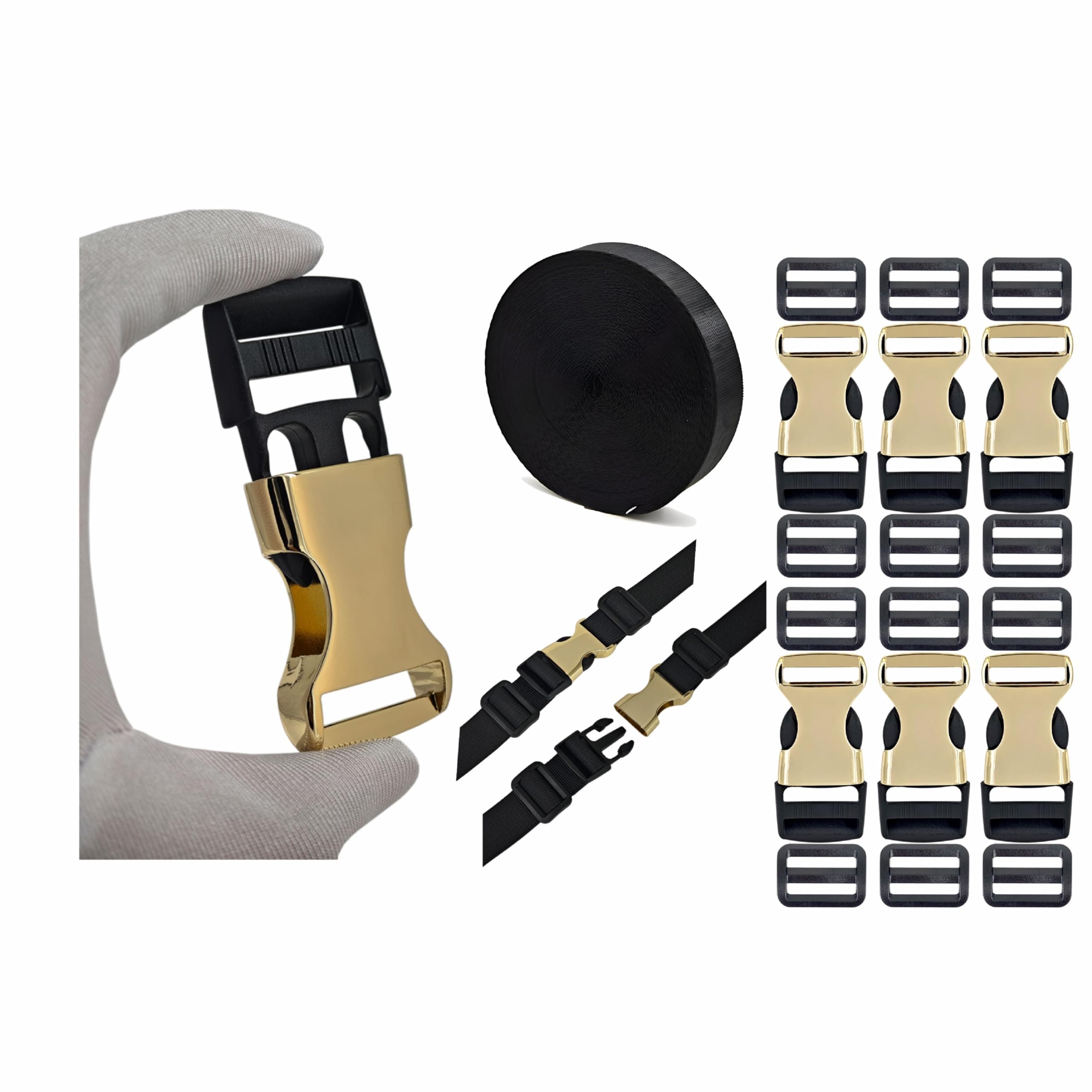 Quick Side Release Buckle & Strap | 6 Yard Nylon Webbing Belt | Adjustable Tri-Glide Fasteners x 12 | Buckle x 6