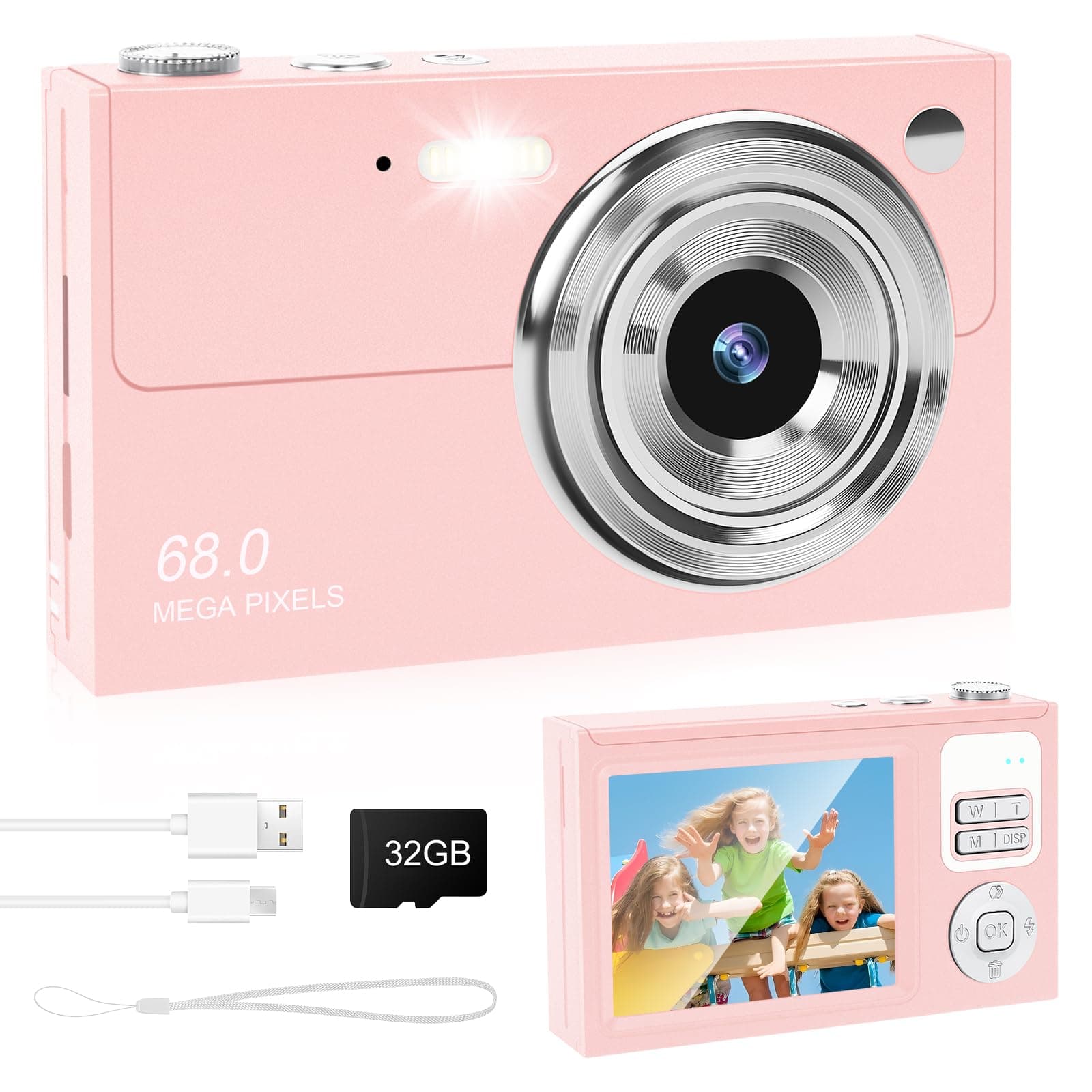 Digital Camera - 68MP Autofocus with 2.8" LCD Screen 16X Digital Zoom Anti-Shake Photography Vlogging Compact Photo Camera with 32gb SD Card for Kids Students Beginners Teens (All Pink)