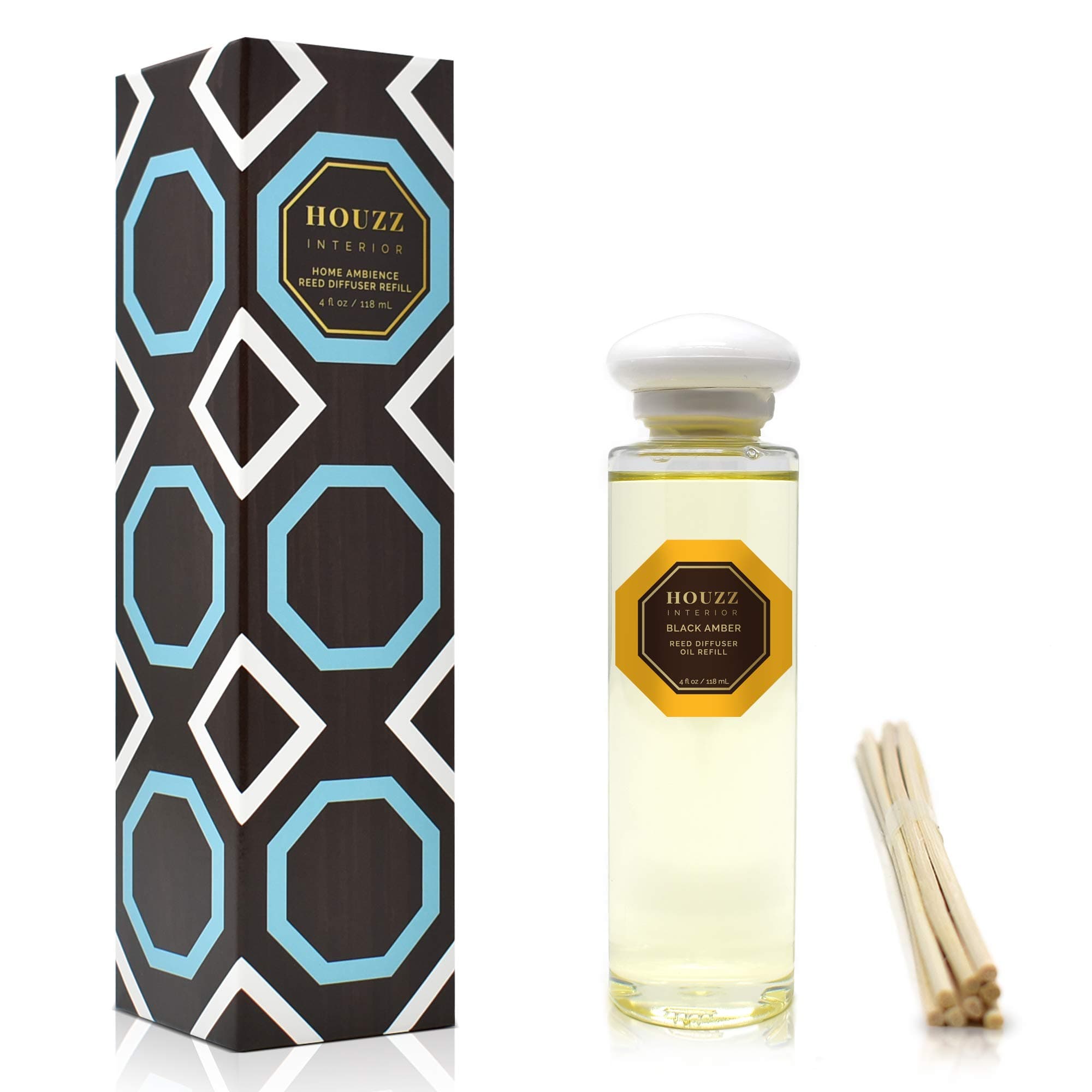 Black Amber Reed Diffuser Refill Oil Room Scent with Reed Sticks! Room Fragrance Made with All Natural Essential Oils – Notes of Amber Resin, Sandalwood & Vanilla Orchid – Easy to Use