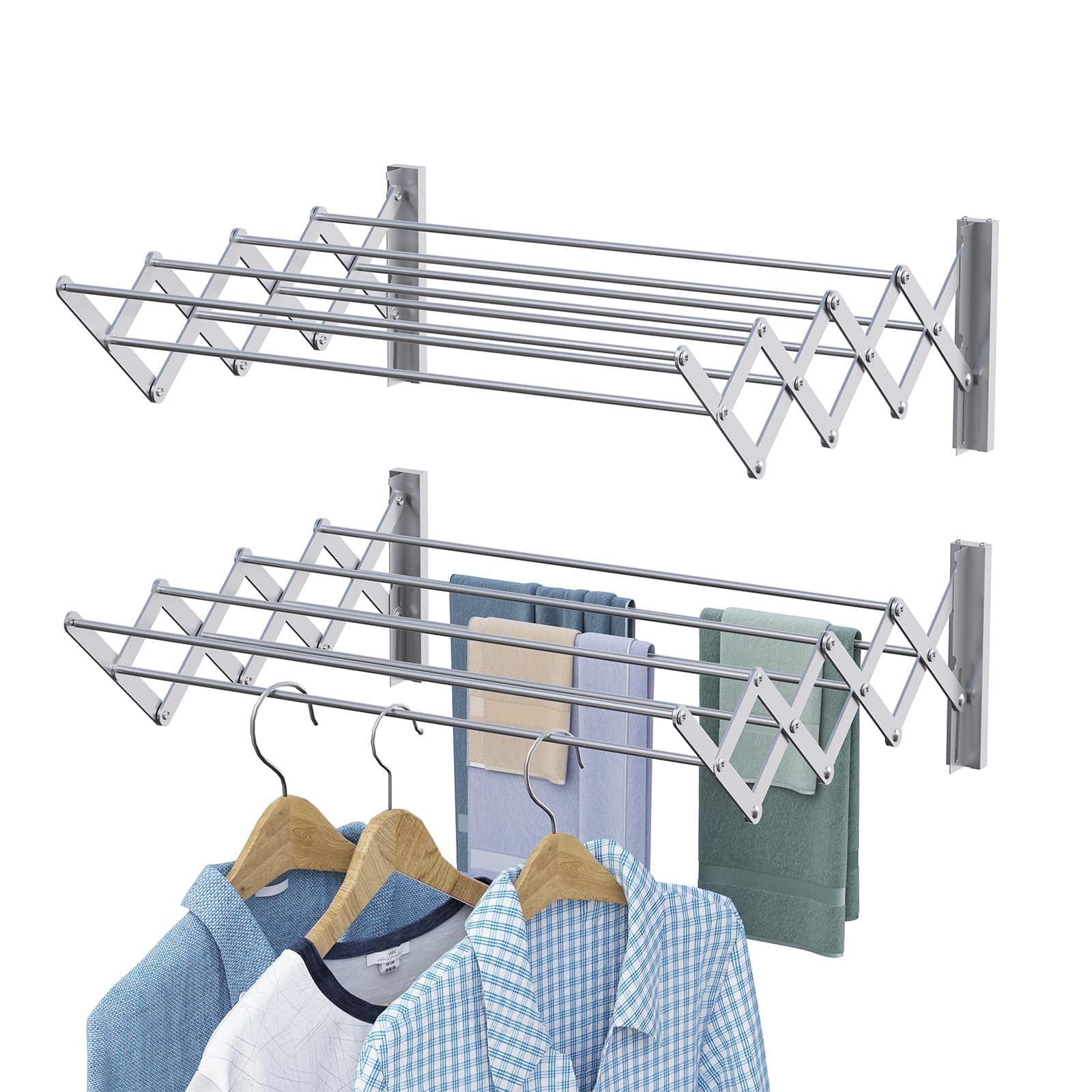 X-cosrack Wall Mounted Clothes Drying Rack, 31.9" Wide Large Rustproof Retractable Laundry Drying Rack, 8 Bar Space-Saving Aluminium Alloys Clothing Hanger Drying Racks forLaundry (Silver)