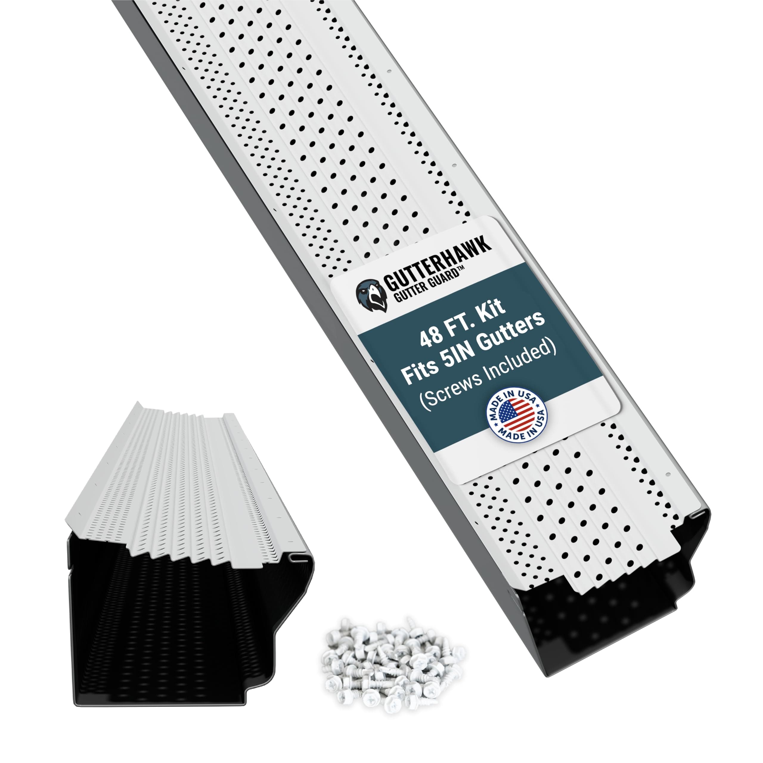 Raptor Gutter Guard – 48 FT. (Nominal) White All-Aluminum Gutter Guard Kit with Screws Included. Fits 5 in. Gutters. DIY-Friendly. (5 in. x 47.625 in.)