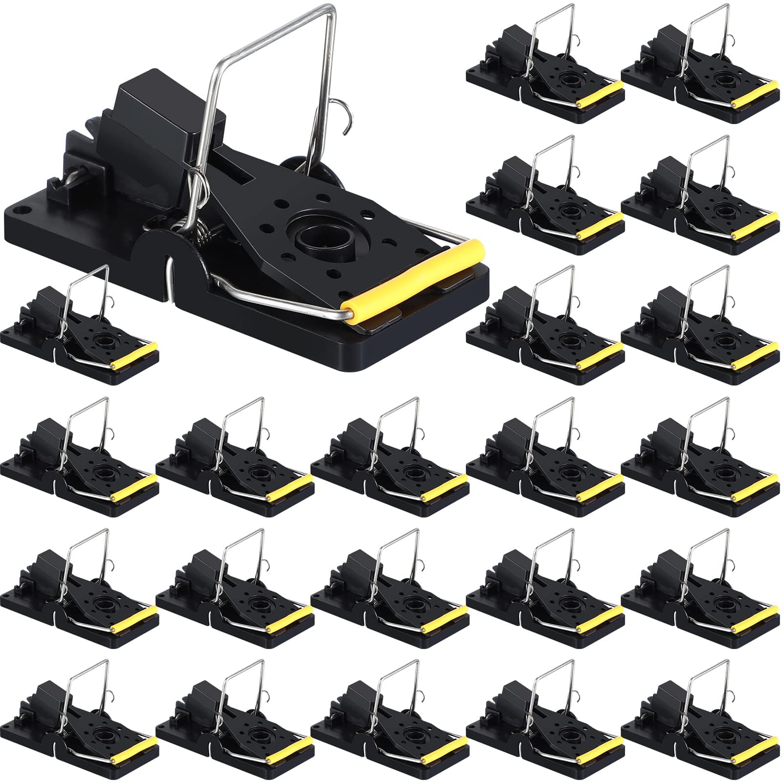 Qualirey 24 Pcs Mouse Traps Bulk Plastic Snap Rat Trap Reusable Quick Effective Safe for Indoor Outdoor Home House Warehouse Garden Kitchen 3.86 x 1.81 x 2.17 Inch (Black,Yellow)