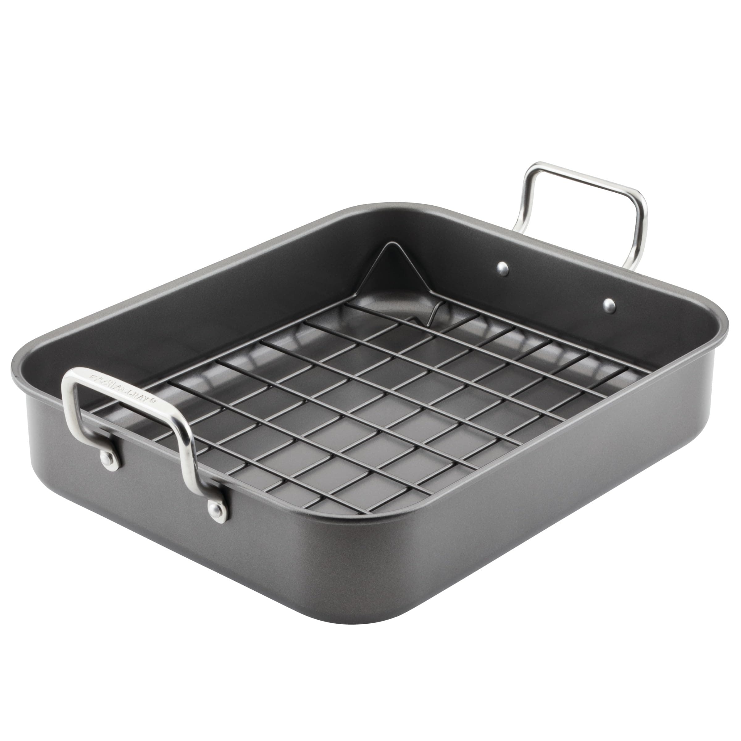 Bakeware Nonstick Roaster/Roasting Pan with Reversible Rack, 16.5 Inch x 13.5 Inch, Gray
