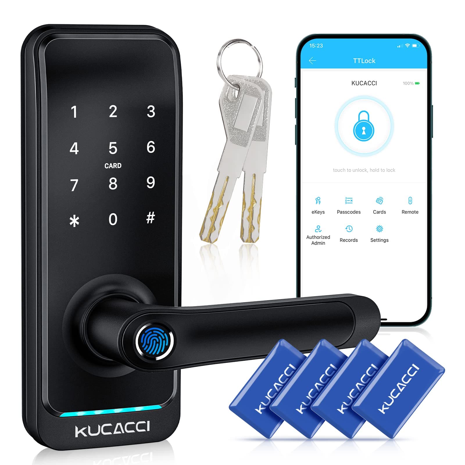 Keyless Entry Smart Lock with Handle: Kucacci Smart Door Lock with Keypad - Digital Fingerprint Lock with Keypad -APP Control for Exterior Door- Easy Retrofit Knob Deadbolt Lever