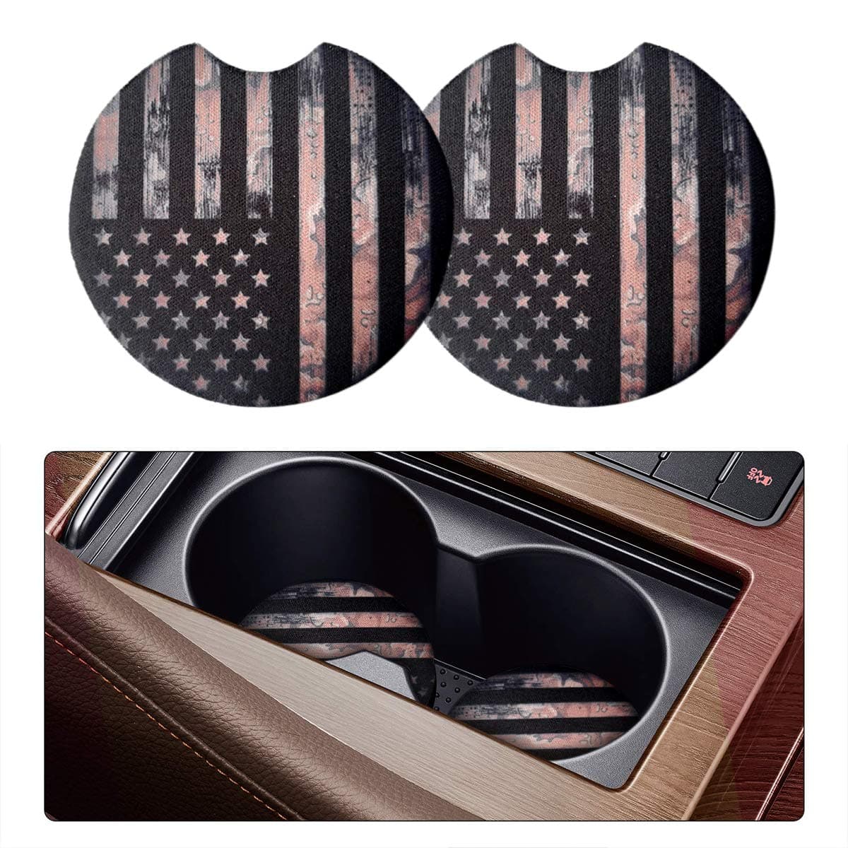 Moly Magnolia Car Coasters for Drinks Absorbent, 2 Pack Cute Car Coasters for Women, Car Cup Holder Coasters for Your Car with Fingertip Grip, Auto Accessories for Women & Lady (Flag)