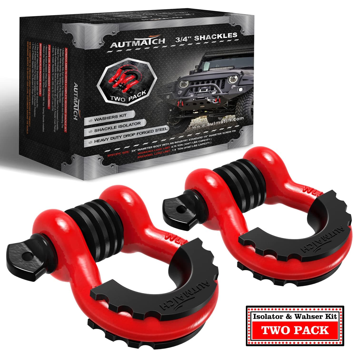 Shackles 3/4" D Ring Shackle (2 Pack) 41,887Ib Break Strength with 7/8" Screw Pin and Shackle Isolator & Washers Kit for Tow Strap Winch Off Road Jeep Vehicle Recovery Red & Black