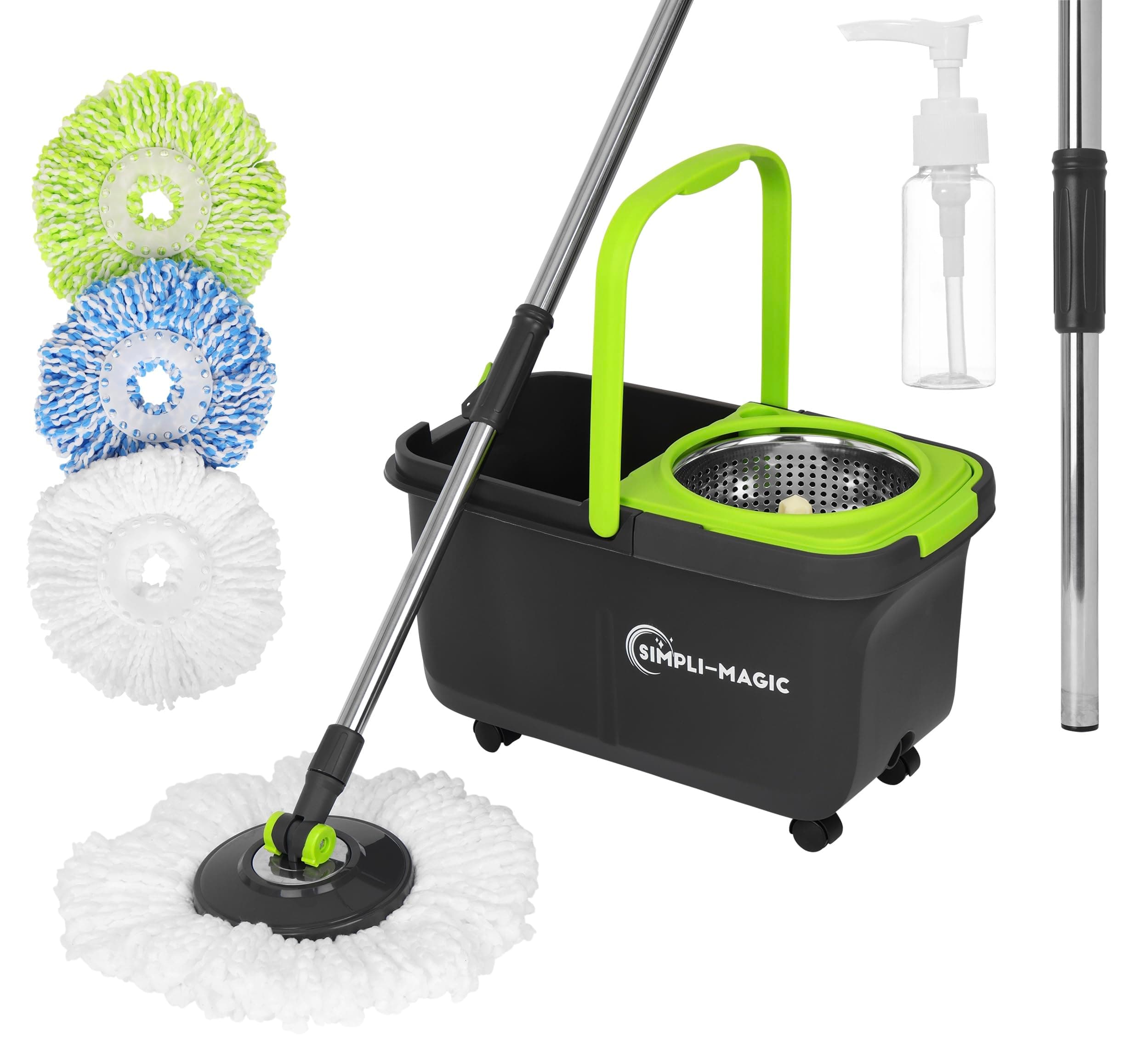 Simpli-Magic 360° Spin Mop and Bucket with Wringer – 3 High-Absorbent Microfiber Washable Heads, Soap Dispenser – Spinning Mop and Bucket Set for All Types Floor Cleaning