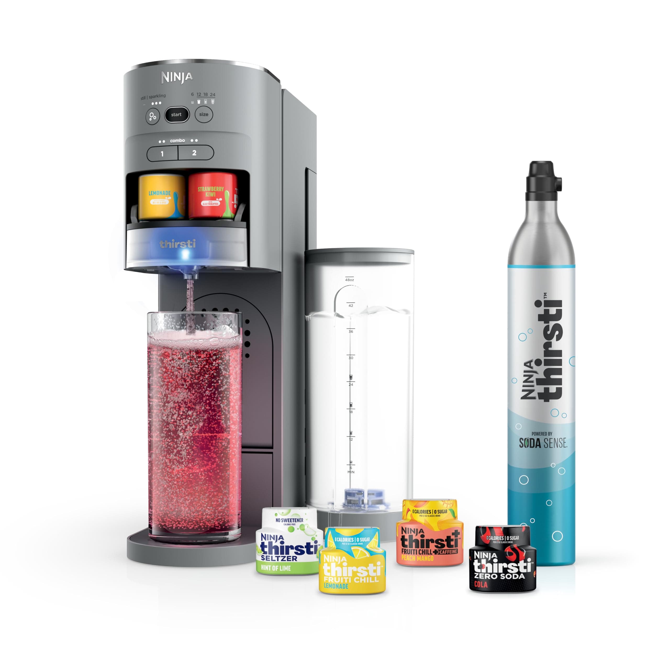 Ninja Thirsti Drink System, Soda Maker, Create Unique Sparkling & Still Drinks, Personalize Size & Flavor, Carbonated Water Machine, 60L CO2 Cylinder & Variety of Flavored Water Drops, Gray WC999AMZ