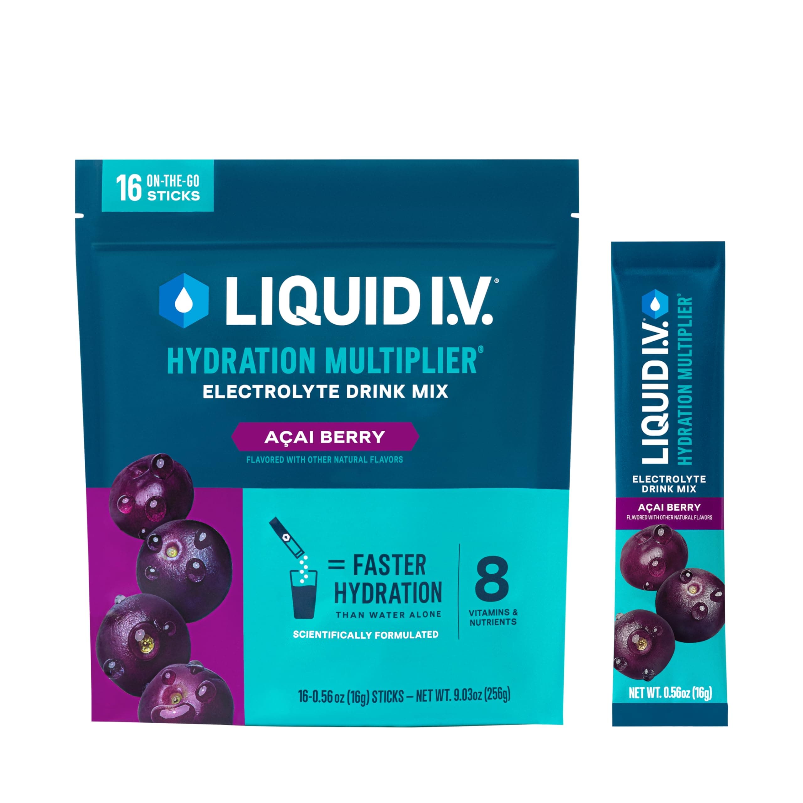 Liquid I.V. Hydration Multiplier, Electrolyte Powder, Easy Open Packets, Supplement Drink Mix (Acai Berry) (16)