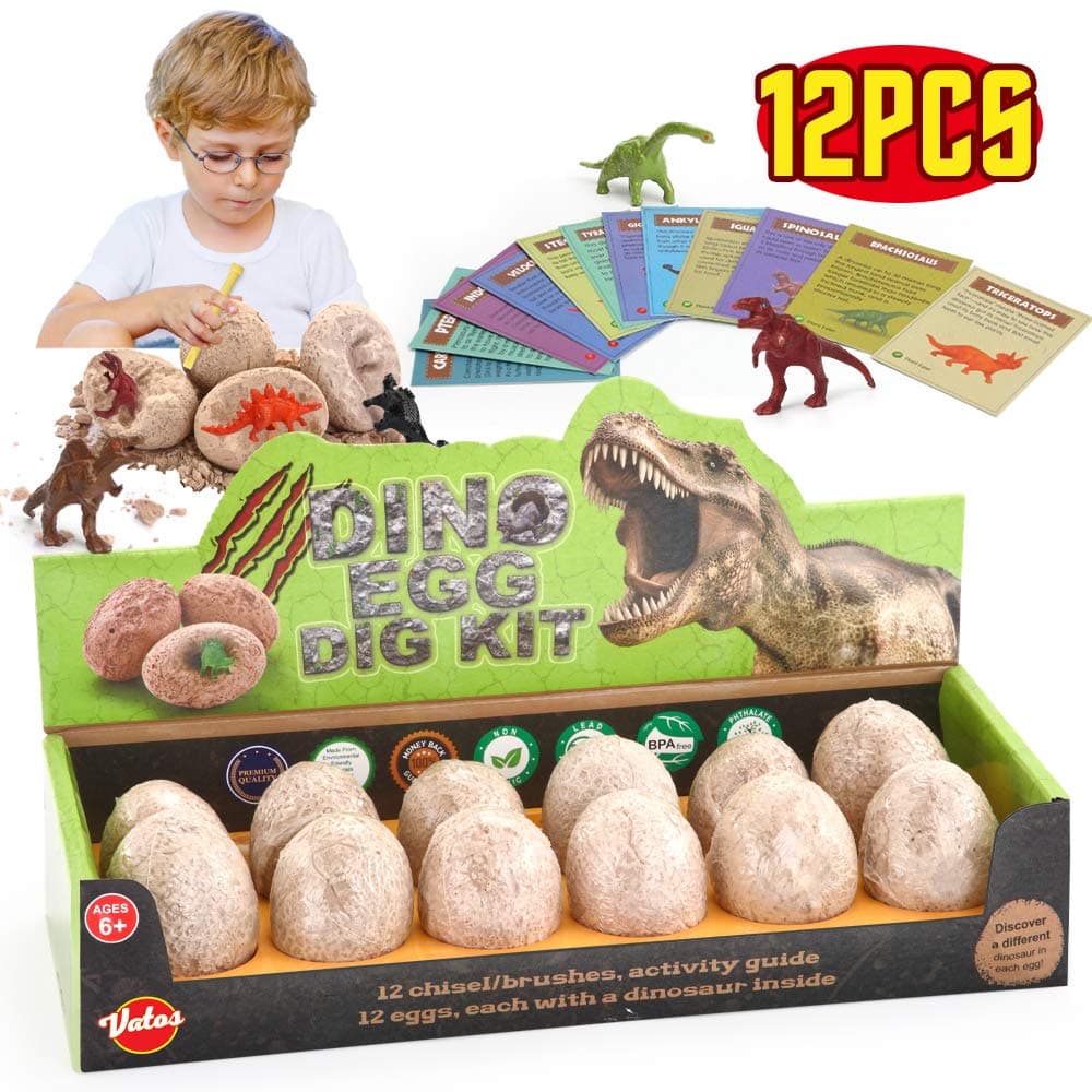 VATOS Dinosaur Eggs Dig Kit 12 Pack,Discover 12 Different Dinos, Easter Eggs Archaeology and Paleontology Toy Dino Egg Excavation Kit STEM Toys for 6,7,8,9 Year Old Boys Girls Kids Gift (DGK-12)