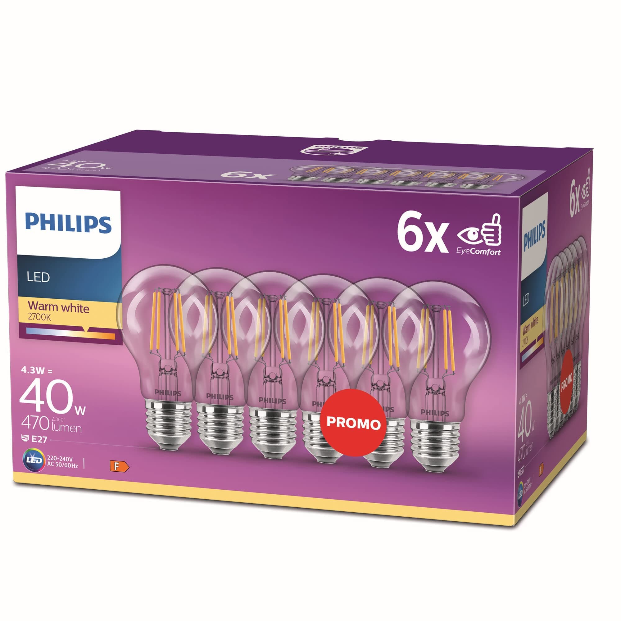 LED Premium Classic Filament A60 Light Bulb 6 Pack [E27 Edison Screw] 4.3W - 40W Equivalent, Warm White (2700K)