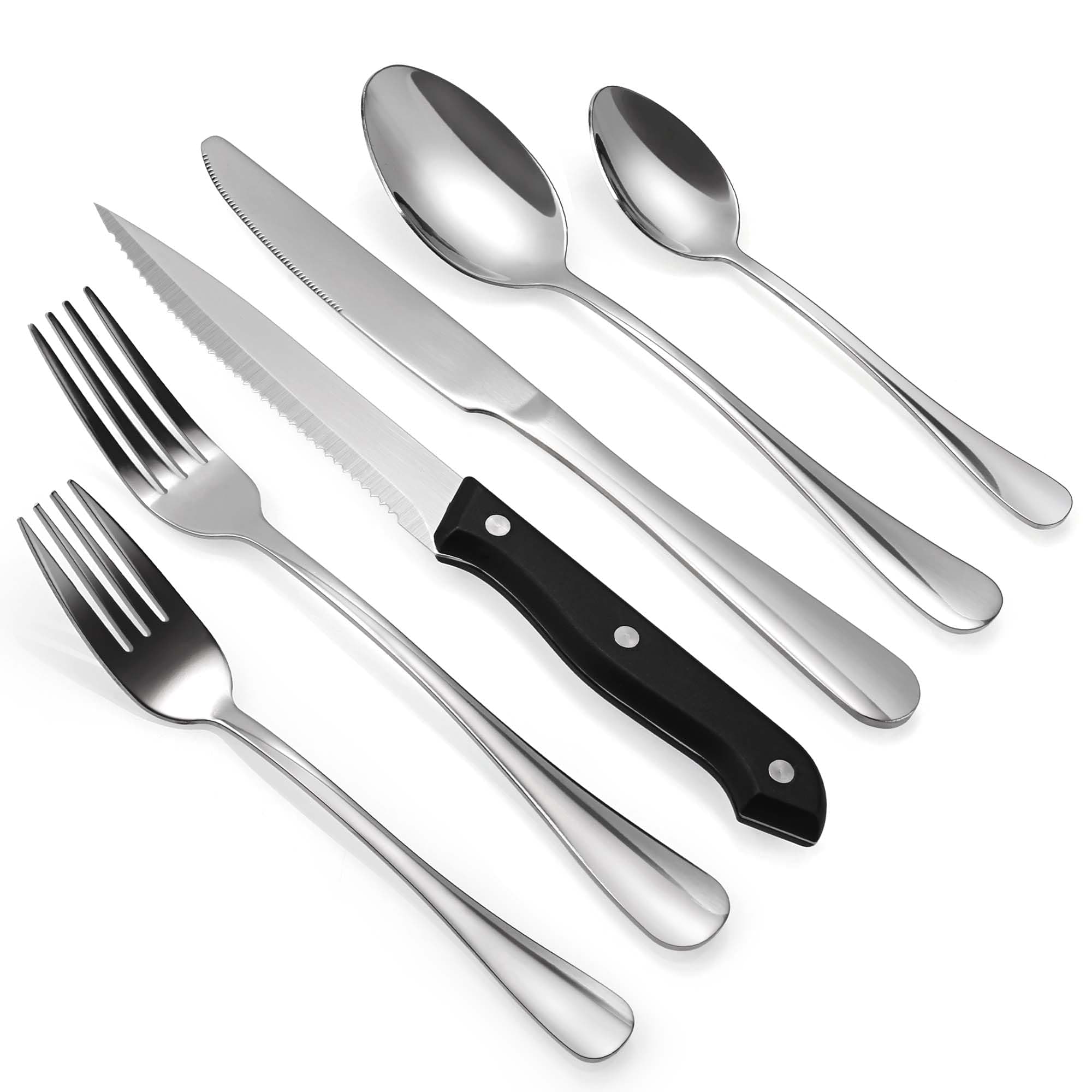 24 Piece Silverware Set, Flatware Utensils Set with Steak Knives for 4, Stainless Steel Cutlery Eating Tableware Set, Include Fork Kinfe Spoon, Mirror Polished, Dishwasher Safe