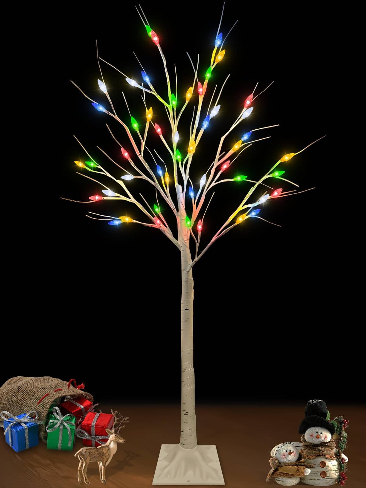 TURNMEONArtificial Christmas Tree, 4 Ft Lighted Birches Tree, Prelit 48 Multicolor Lights, White Twig Adjustable Branches, Waterproof, Xmas Decor for Indoor Outdoor Use, Party Fireplace Wedding Home