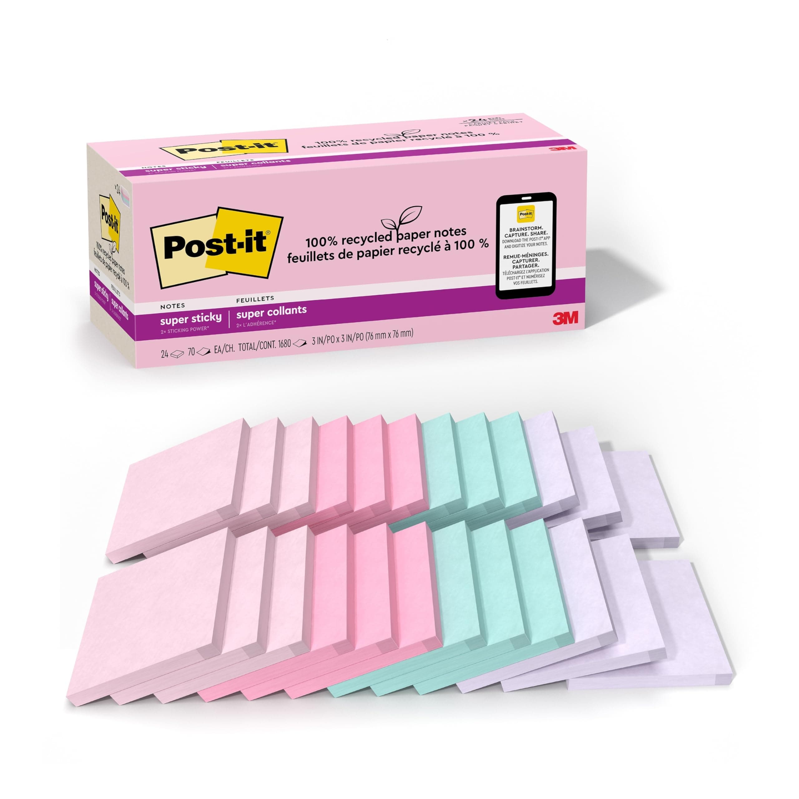 Post-it 100% Recycled Paper Super Sticky Notes, 3 in. x 3 in., 24 Pads, 70 Sheets per Pad, Wanderlust Pastels, School Supplies and Office Products