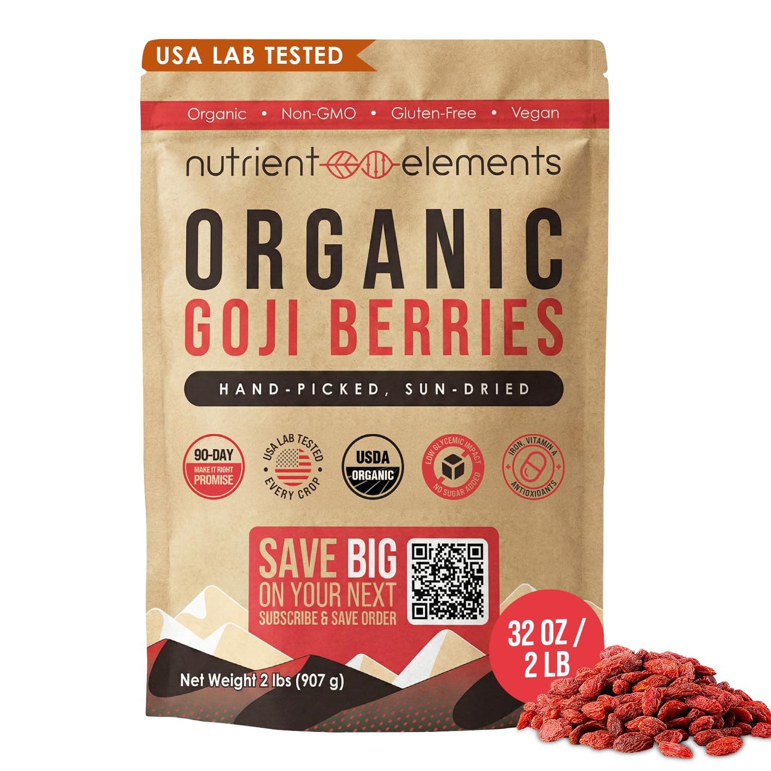 Nutrient Elements Goji Berries – 2 lb/32 oz – USDA Organic, Raw, Sun-Dried, Hand-Picked – Extra Large Dried Berries – Resealable Bag – Naturally Grown, No Additives