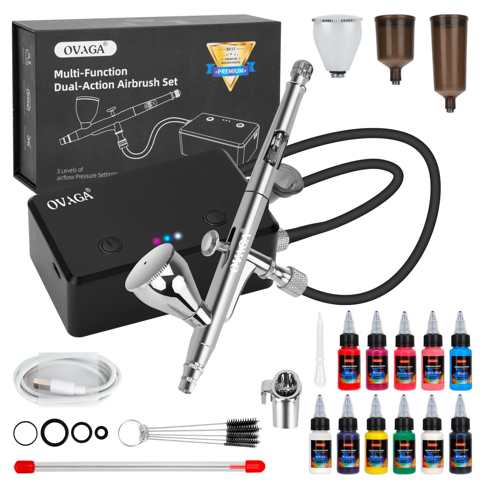 OVAGA 32PSI Airbrush Kit with Compressor, Rechargeable Multi-Function Dual-Action Airbrush Set Portable with Airbrush Paint Set 11 Colors for Painting Makeup Cake Decor Model Coloring Nail Art, Black