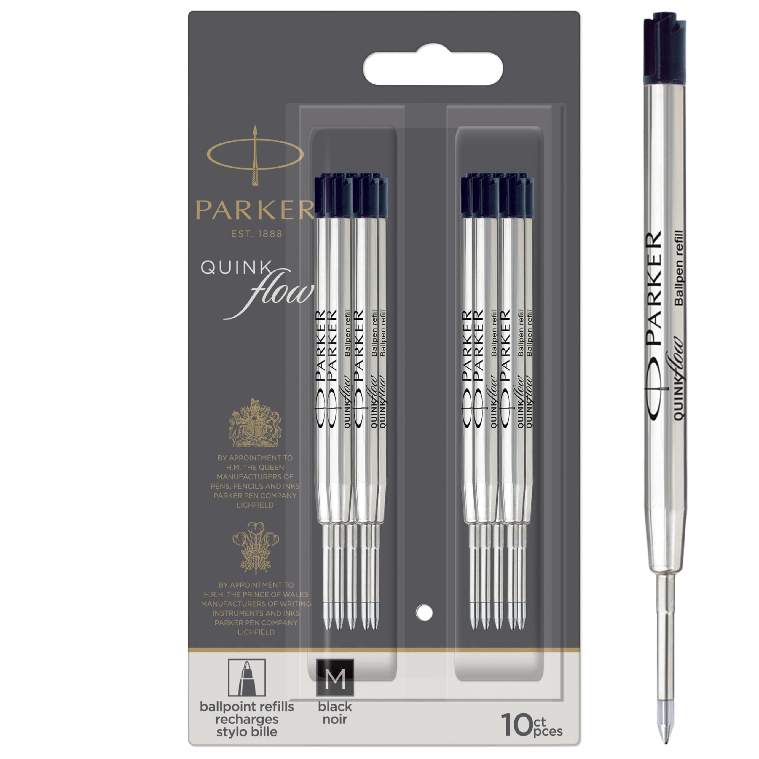 Parker QUINKflow Authentic Black Ink Refills, Medium Point, For Ballpoint Pens, 10 Count - Desk, Office Supplies, Everyday Writing