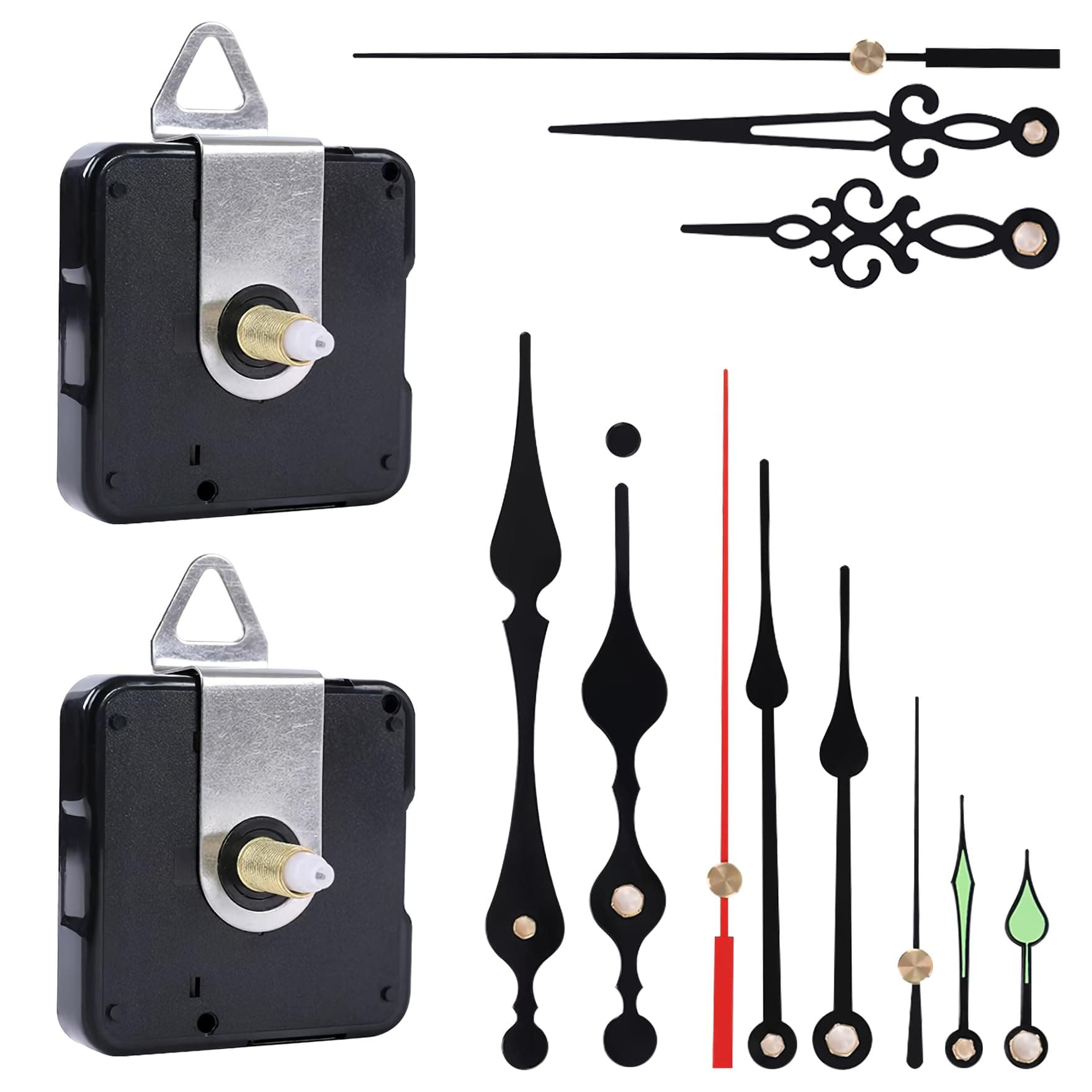 EMOON 2 Pack Non Ticking Clock Mechanism with 4 Pack Clock Hands, Clock Movement Motor Kit for Clock Repair, Replacement and Custom Clock(Shaft Length 7/8 in)