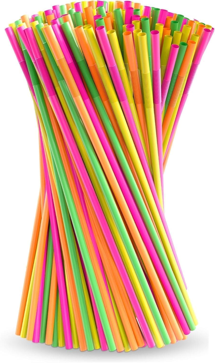 200 Pcs Extra Long Straws Disposable – Flexible Long Plastic Straws for Tumblers & Tall Drinks, Stretchable 17.1"- 19.5", Easy to Bend for Different Shapes, Neon Colors for Parties & Special Occasions